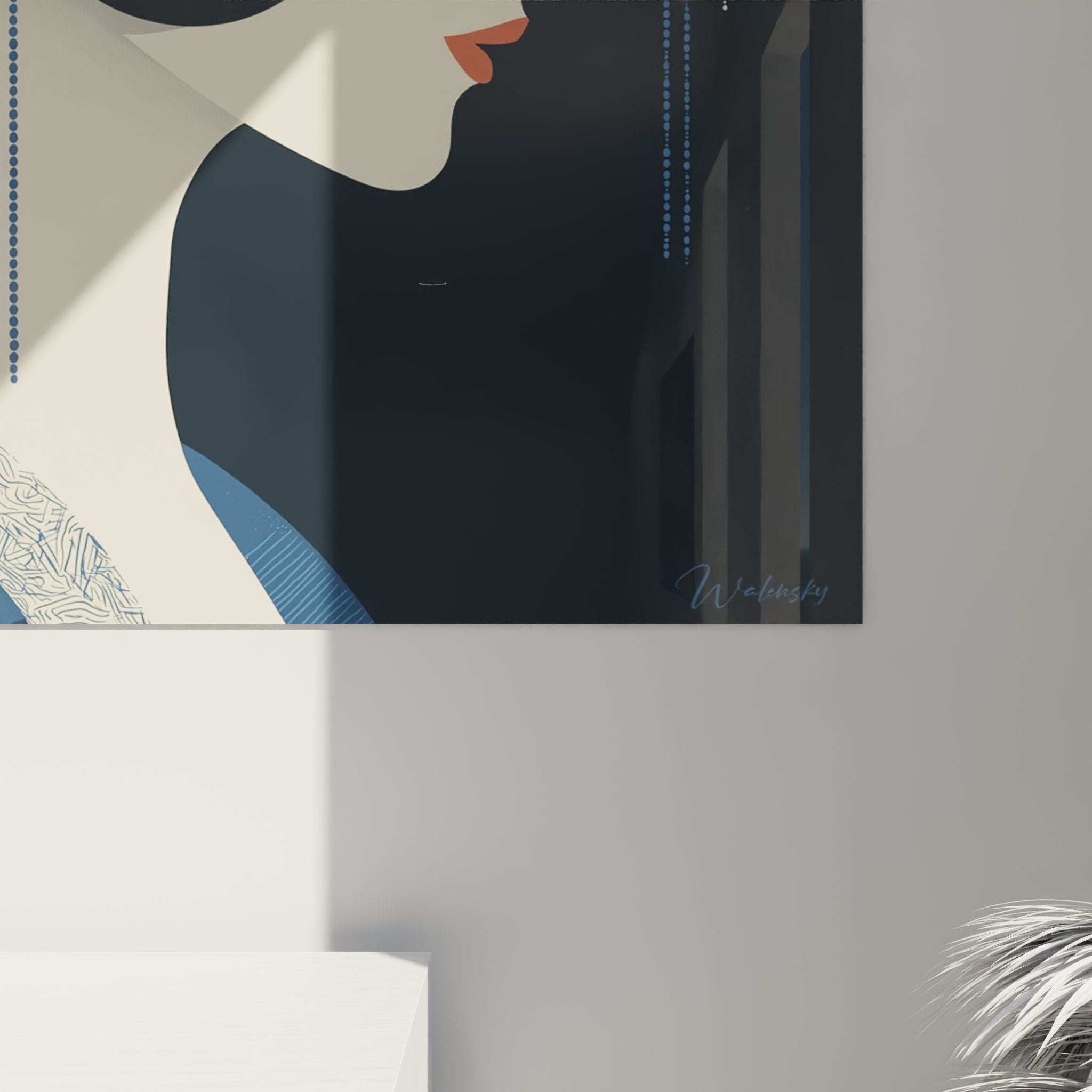 Full view wall art deco painting elegant woman blue pearls vintage interior decoration