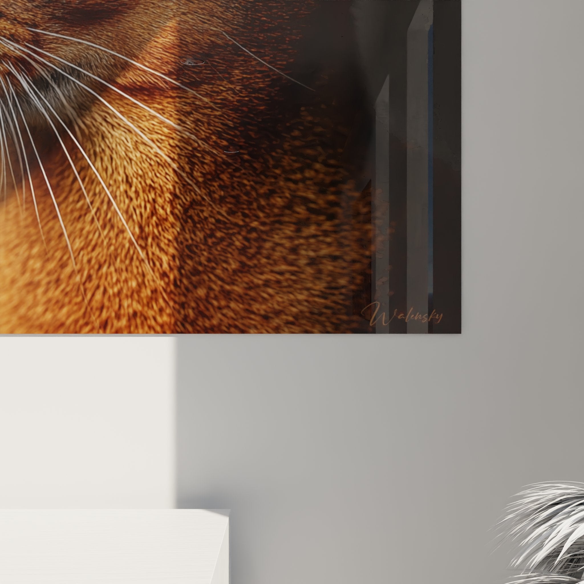 Panoramica quadro da parete gatto Abissino in interni contemporanei, formato quadrato, decorazione murale moderna