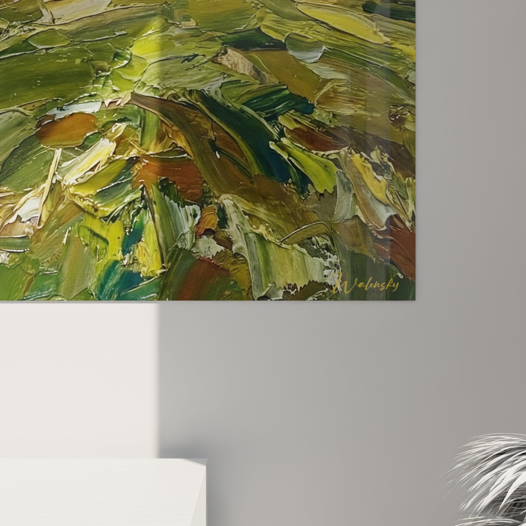 Alsatian landscape wall art overview, lush green hills blue sky, regional art home decoration
