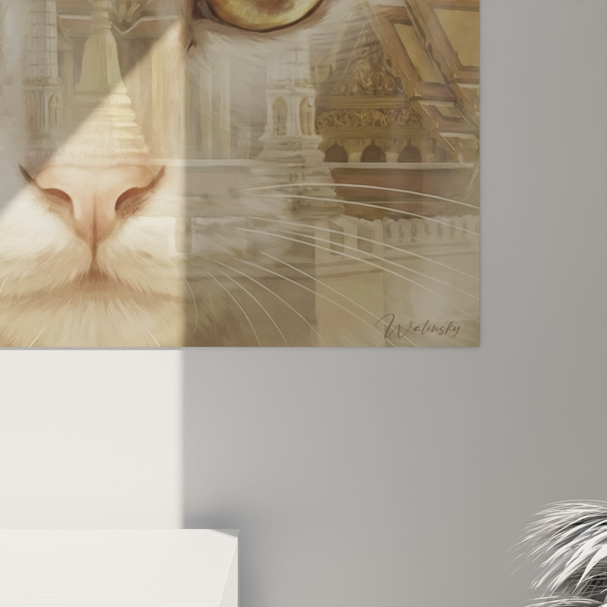 Vue ensemble tableau chat temple mystique decoration interieur style oriental zen