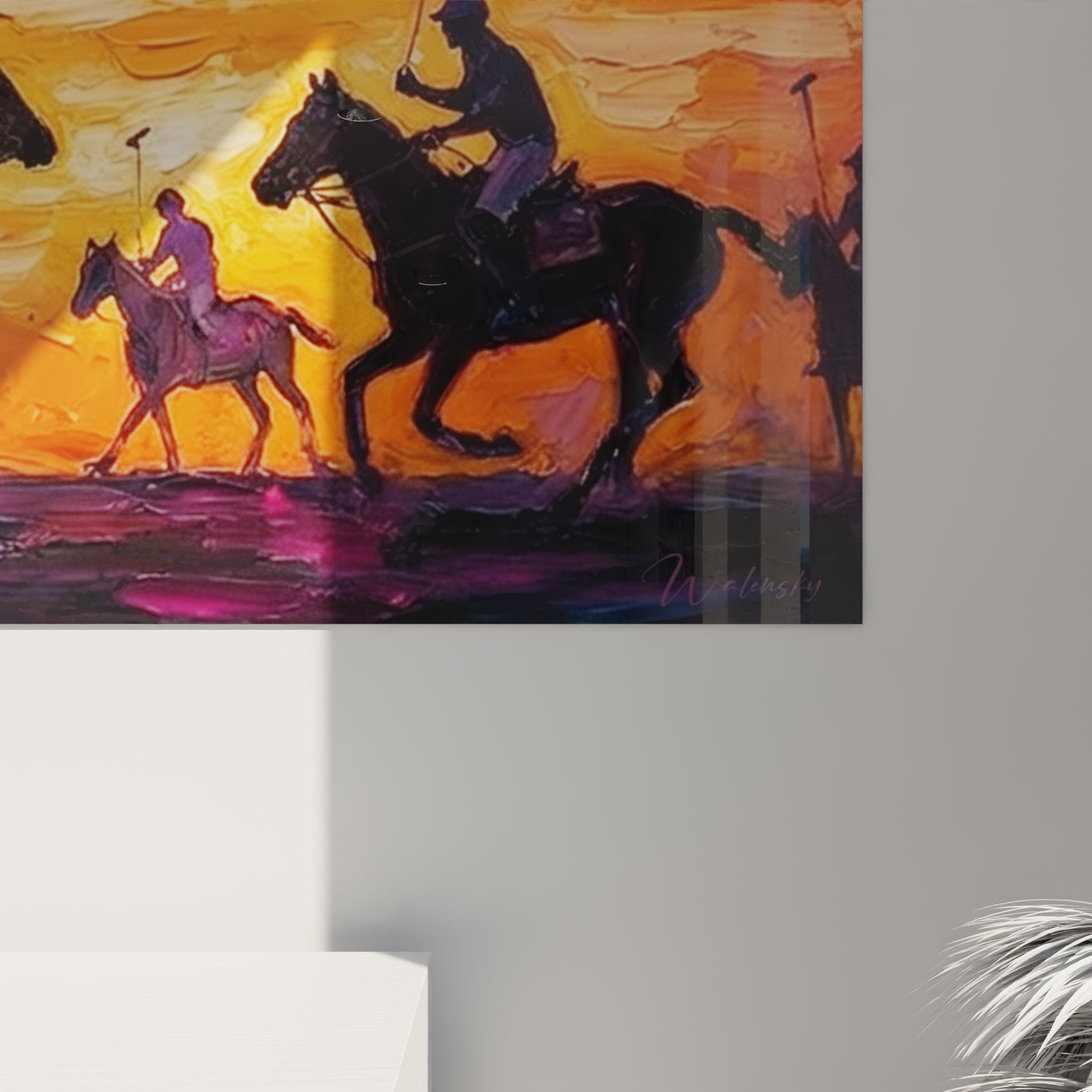Tropical polo painting full view interior decoration equestrian style sunset