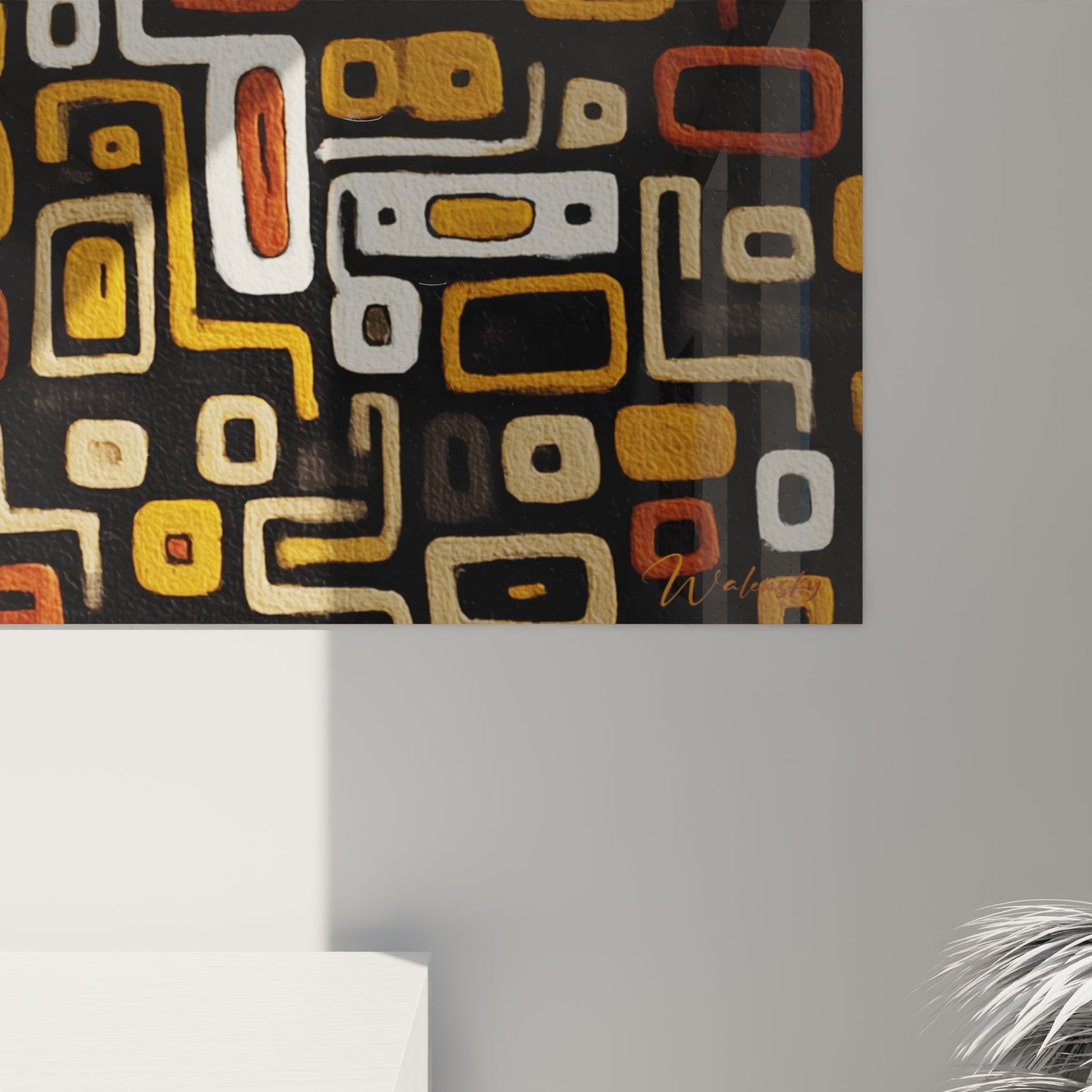 Abstract geometric African wall art with contemporary ethnic design in ochre tones