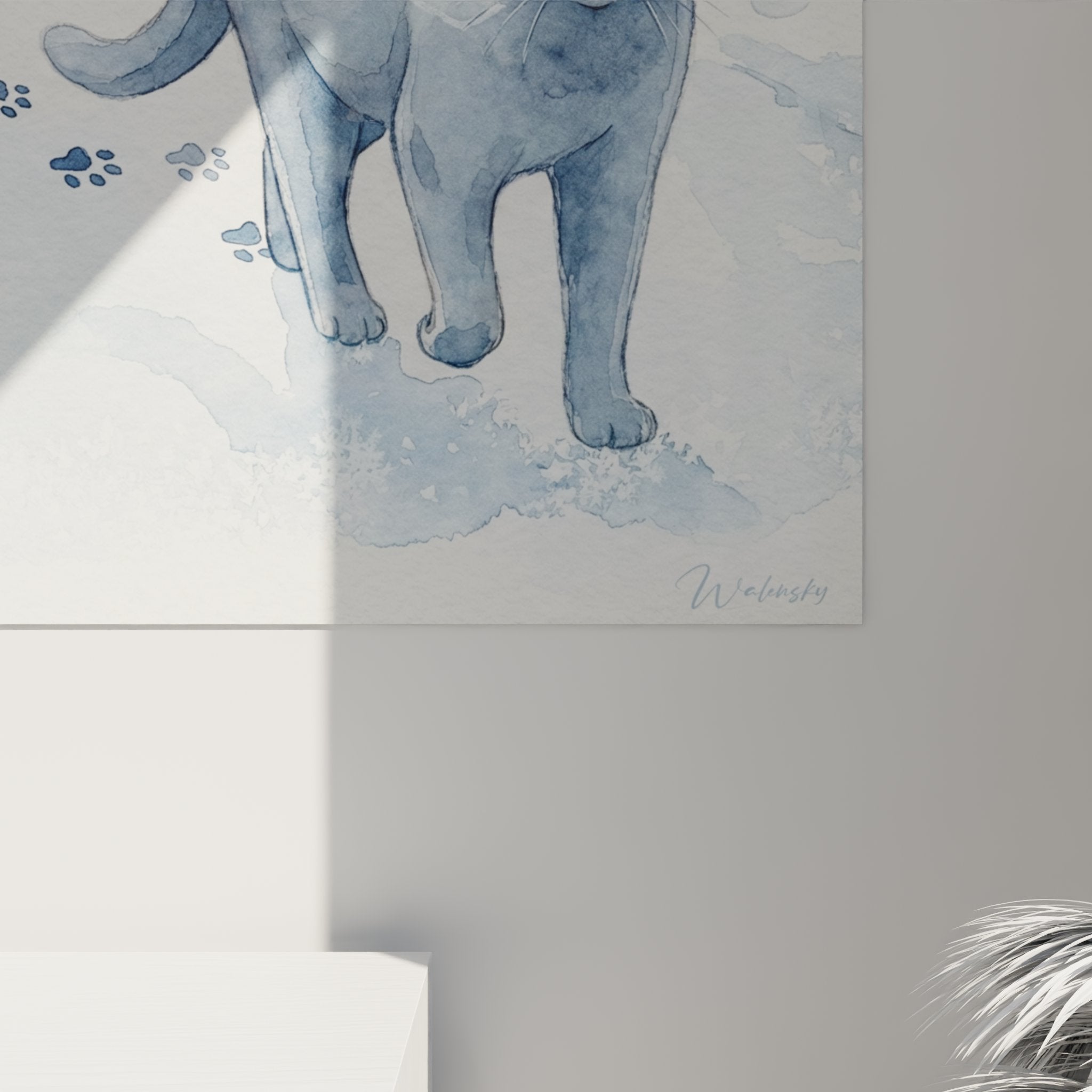 Vue ensemble tableau mural chat Chartreux neige décoration intérieur moderne salon lumineux