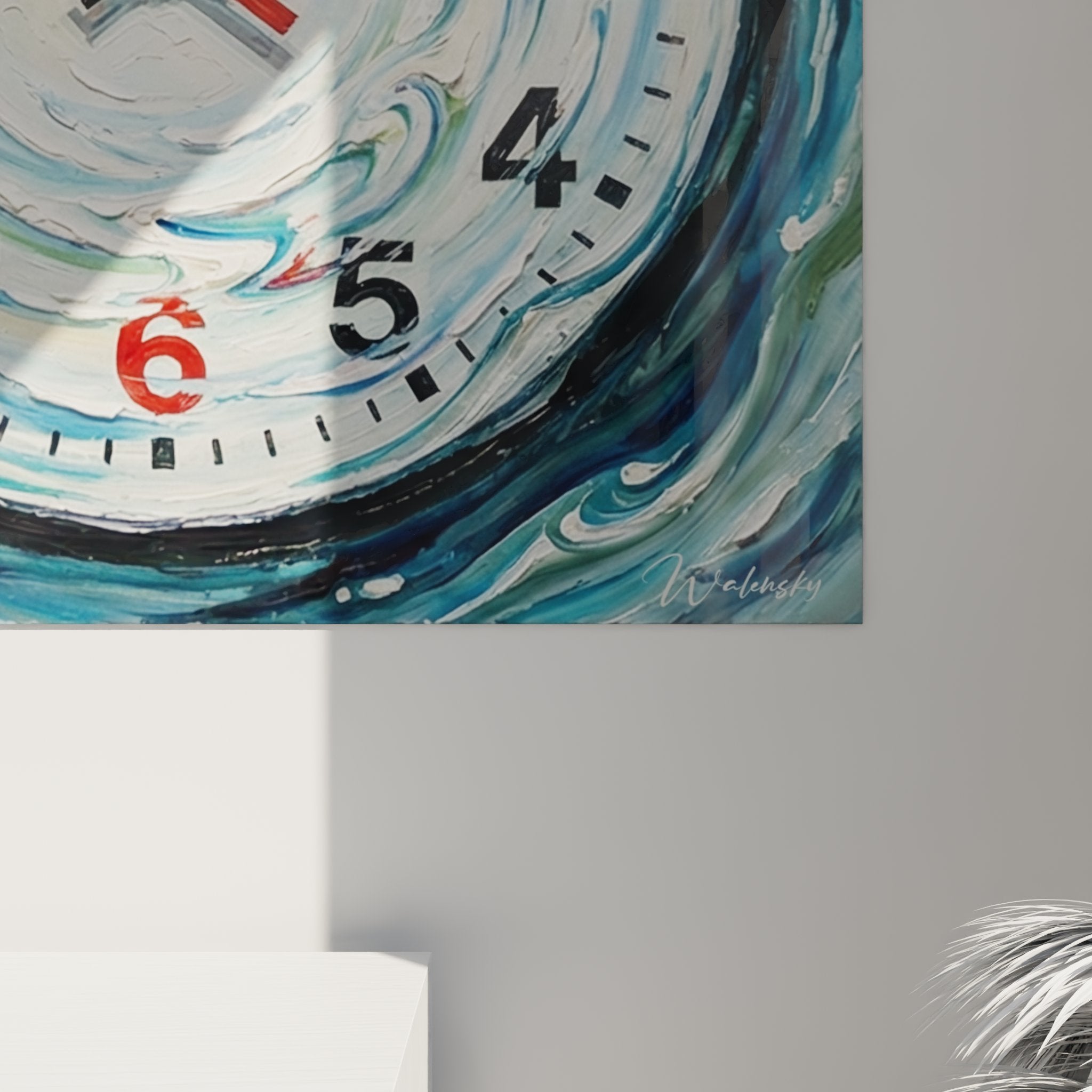 Vue d'ensemble tableau horloge tourbillon eau bleue, art mural fonctionnel pour decoration interieure moderne