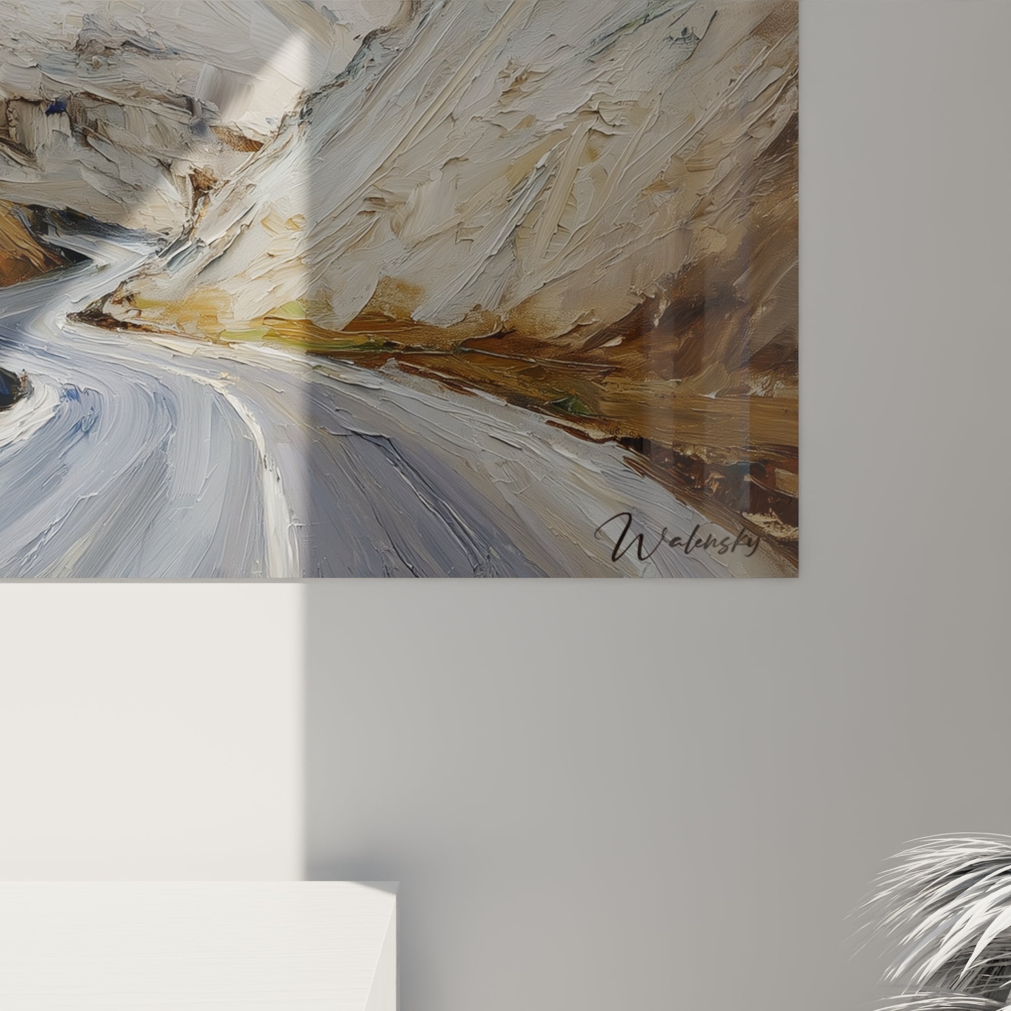 Overall view of Dolomites wall art, alpine landscape mountain road, premium contemporary art decoration
