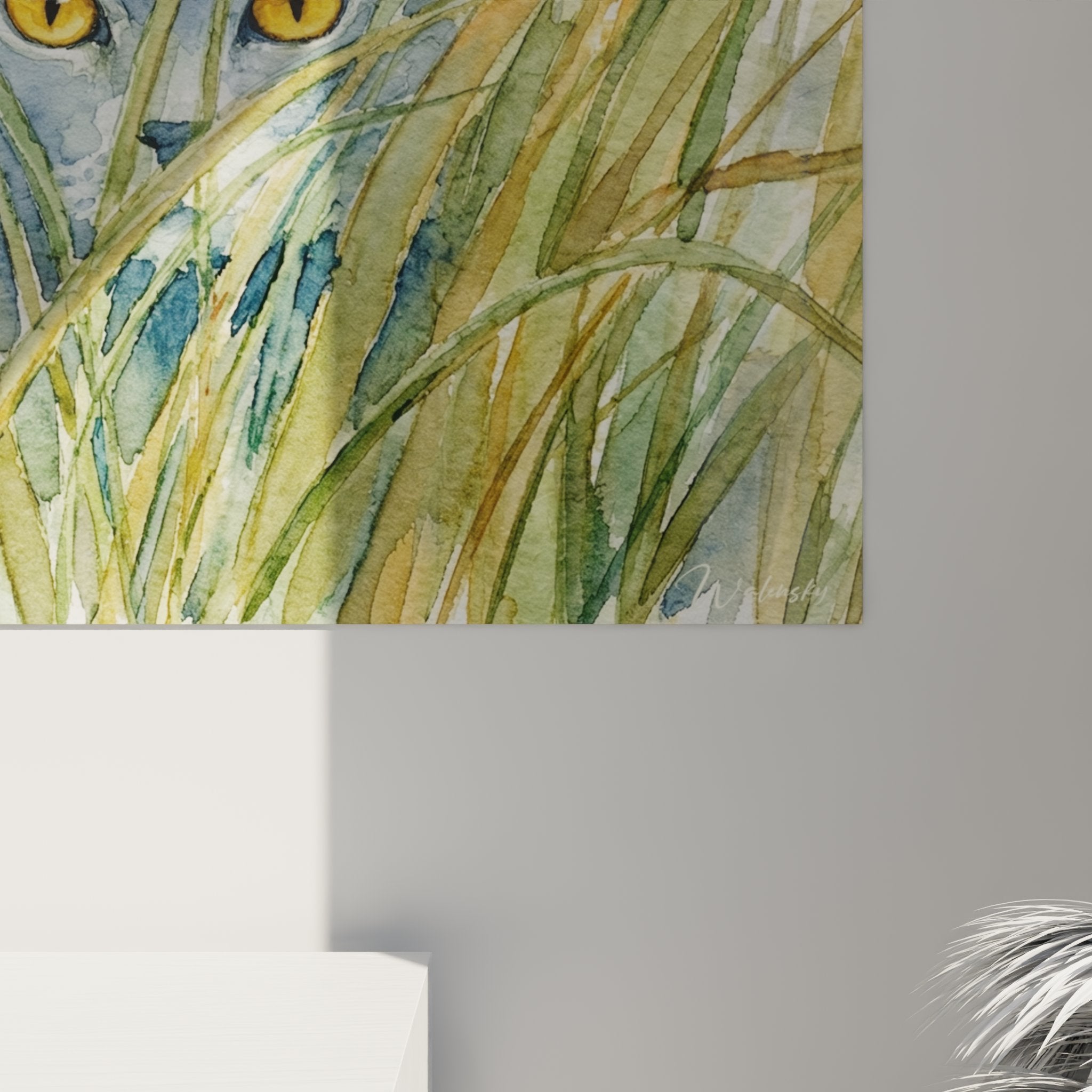 Vue ensemble tableau mural chat Chartreux herbes hautes, art aquarelle félin pour décoration intérieure