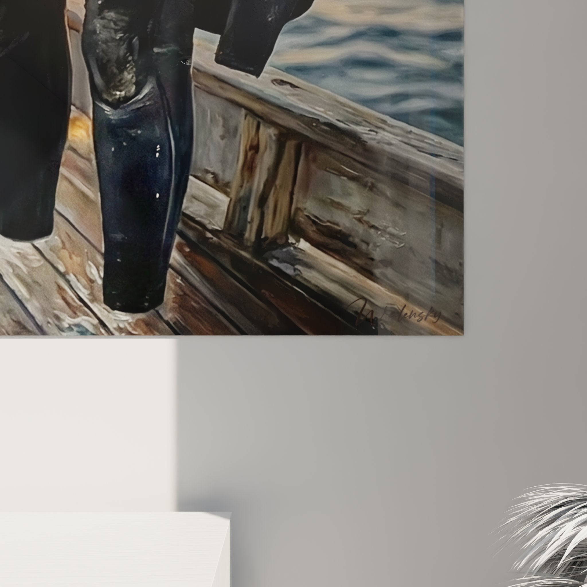 Gesamtansicht Wandgemälde Holzboot-Tauchgang, maritime Szene mit Sonnenuntergang zur Inneneinrichtung
