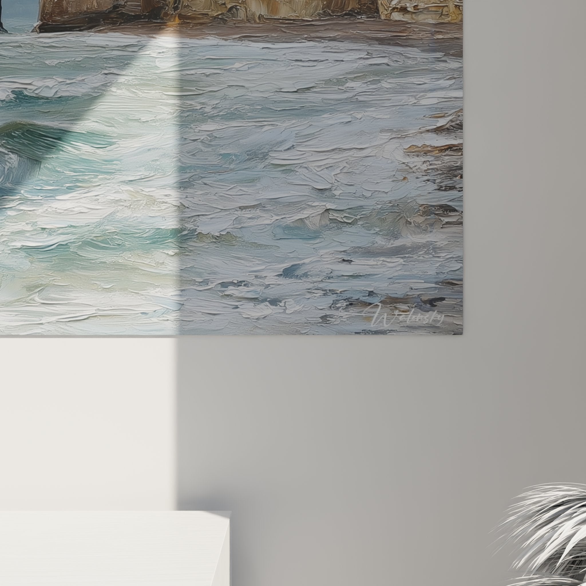 Vista d'insieme quadro Etretat salotto decorazione murale scogliere normandia arte contemporanea paesaggio marino