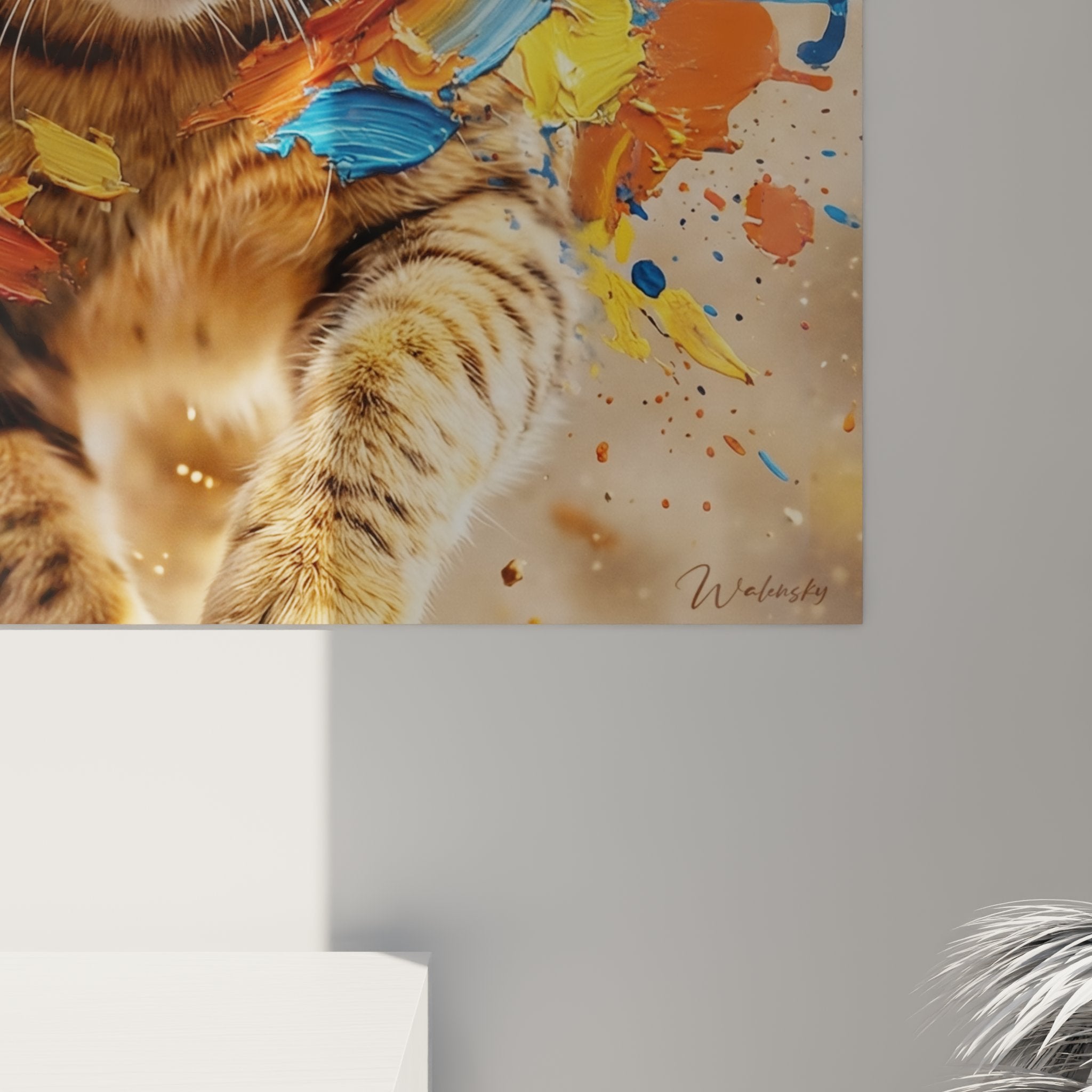 Vue d'ensemble tableau mural chat Ocicat style contemporain avec effets peinture abstraite