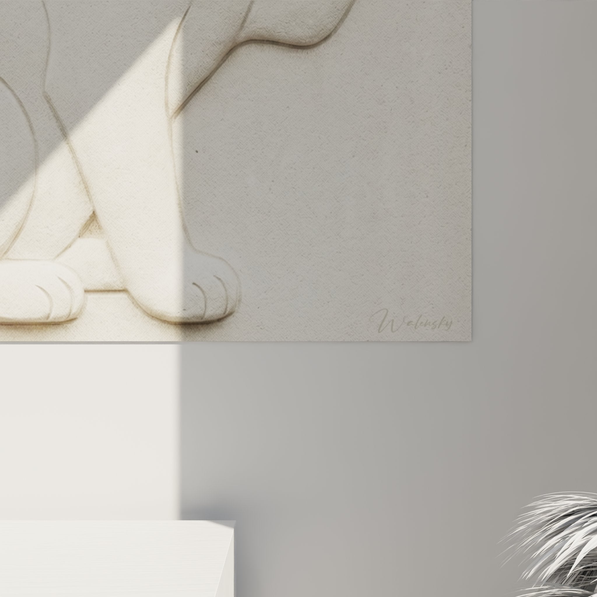 Japanese Bobtail cat wall art relief white minimalist Japanese style feline art full view