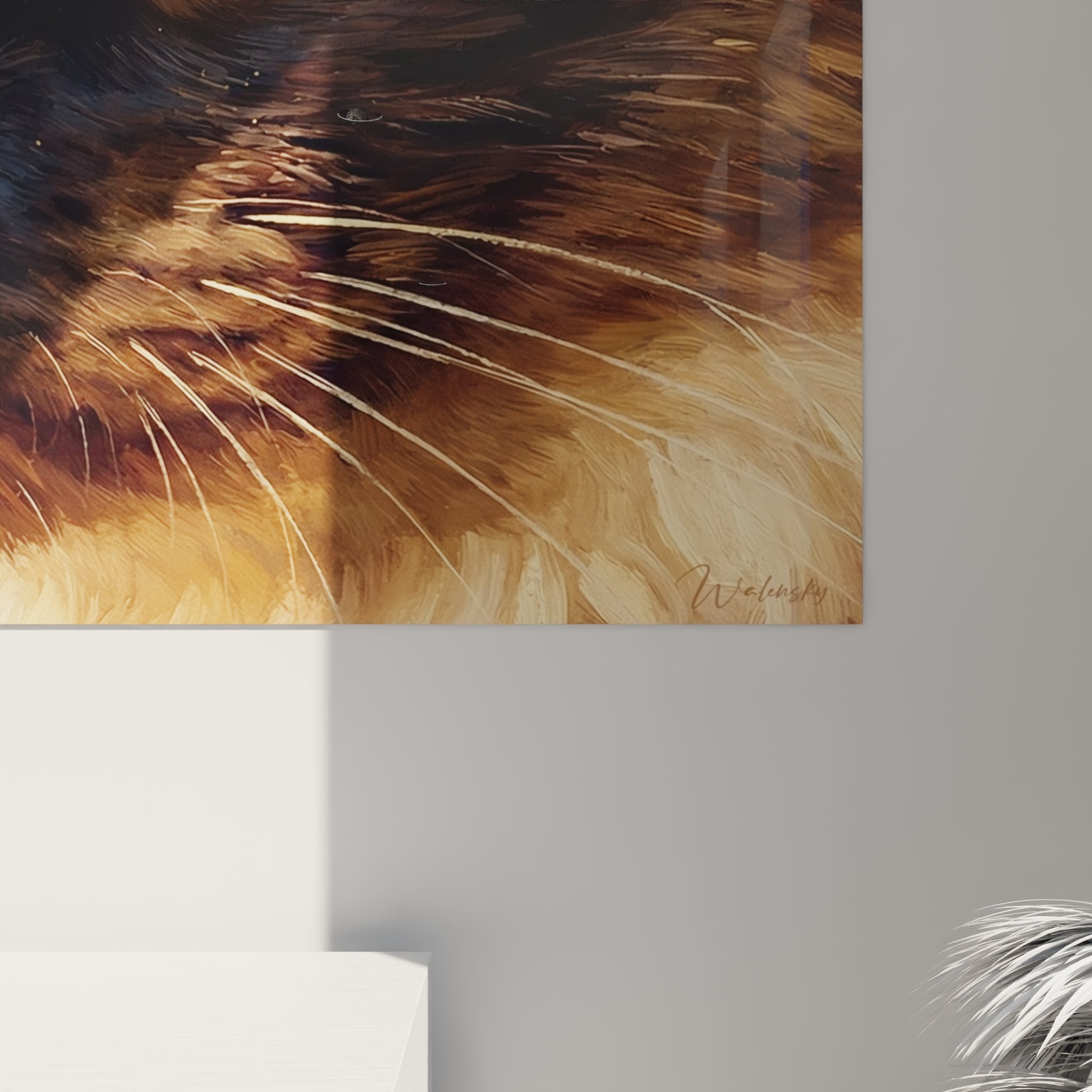 Vista completa quadro gatto balinese, arte murale premium con tonalità dorate, occhi blu affascinanti, decorazione felina
