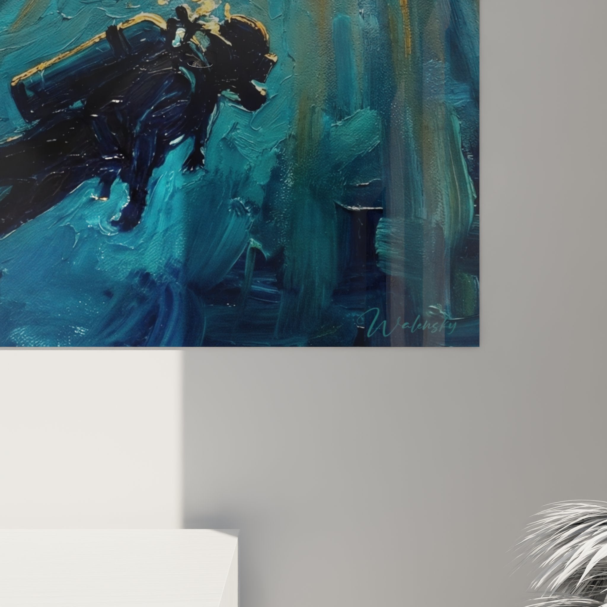 Overview of diving mural artwork in ocean depths with light play at marine surface