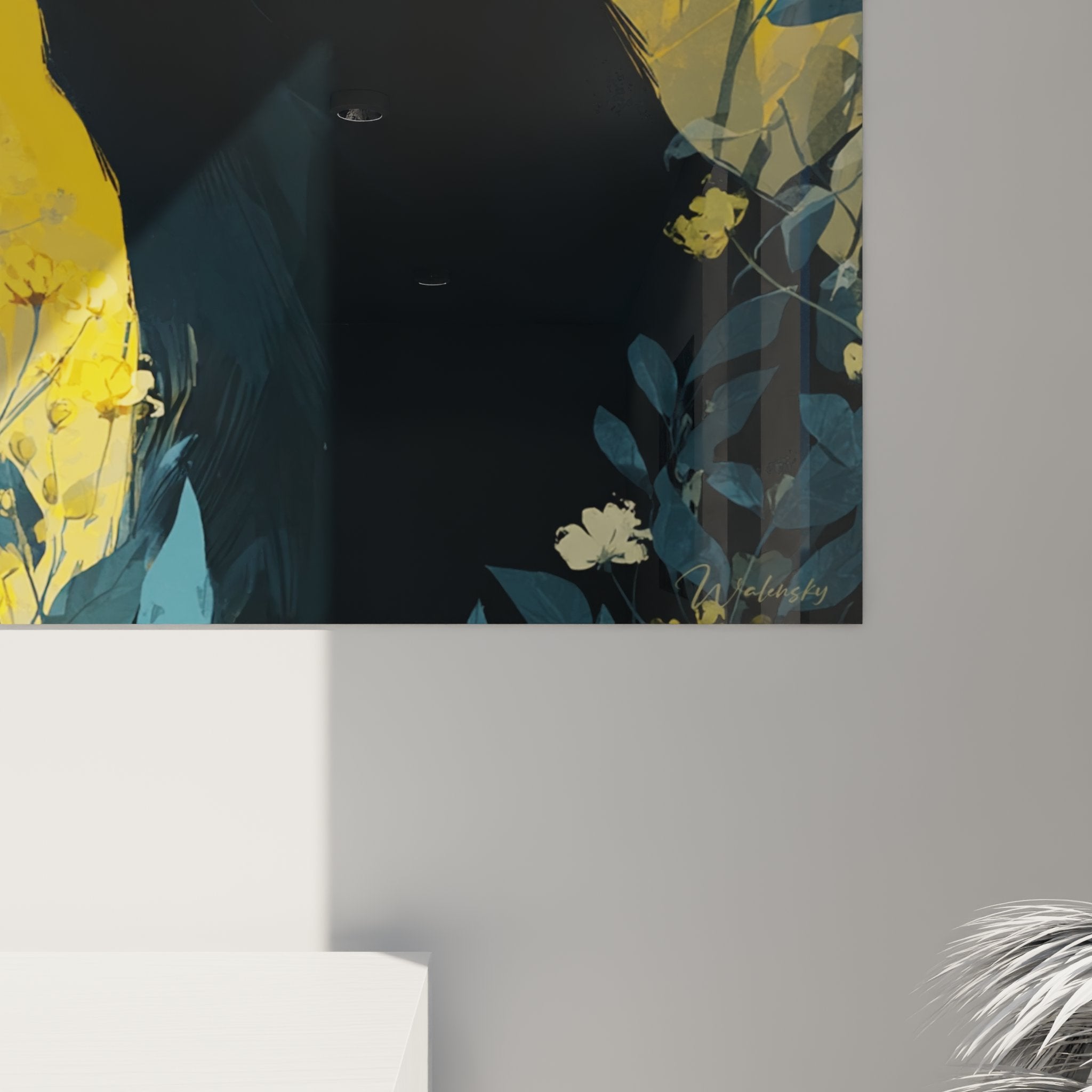 Black cat wall art yellow background modern living room bedroom decor contemporary feline art
