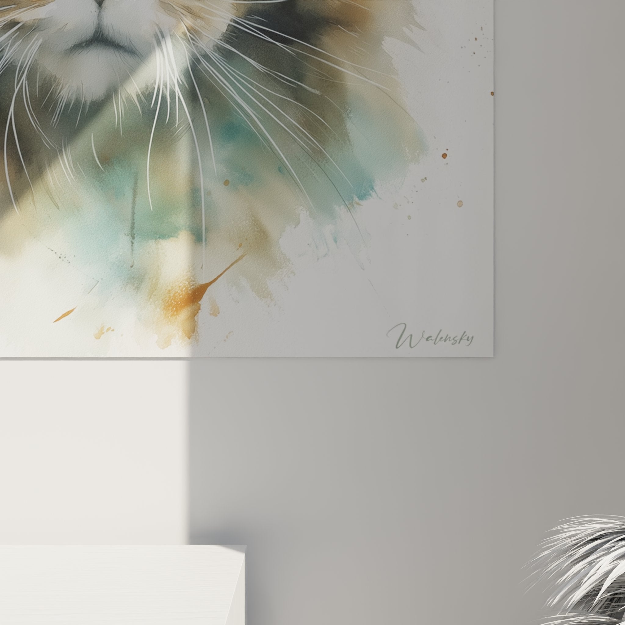 Vue d'ensemble tableau mural chat American Bobtail, style aquarelle contemporain, décoration intérieure moderne