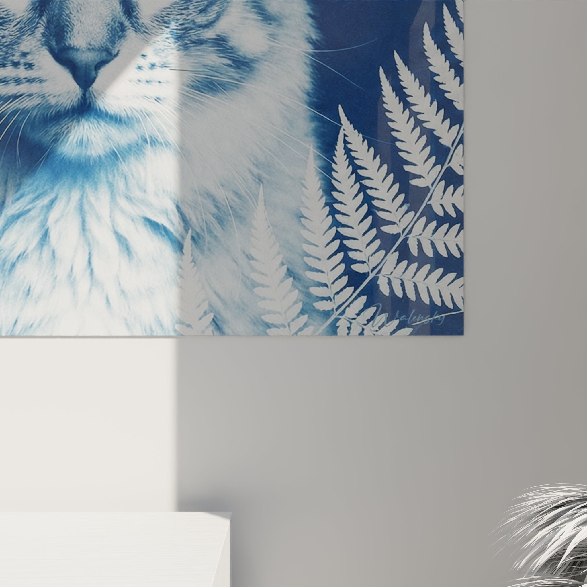 Vista d'insieme quadro gatto American Curl blu felci decorazione murale soggiorno arte botanica contemporanea