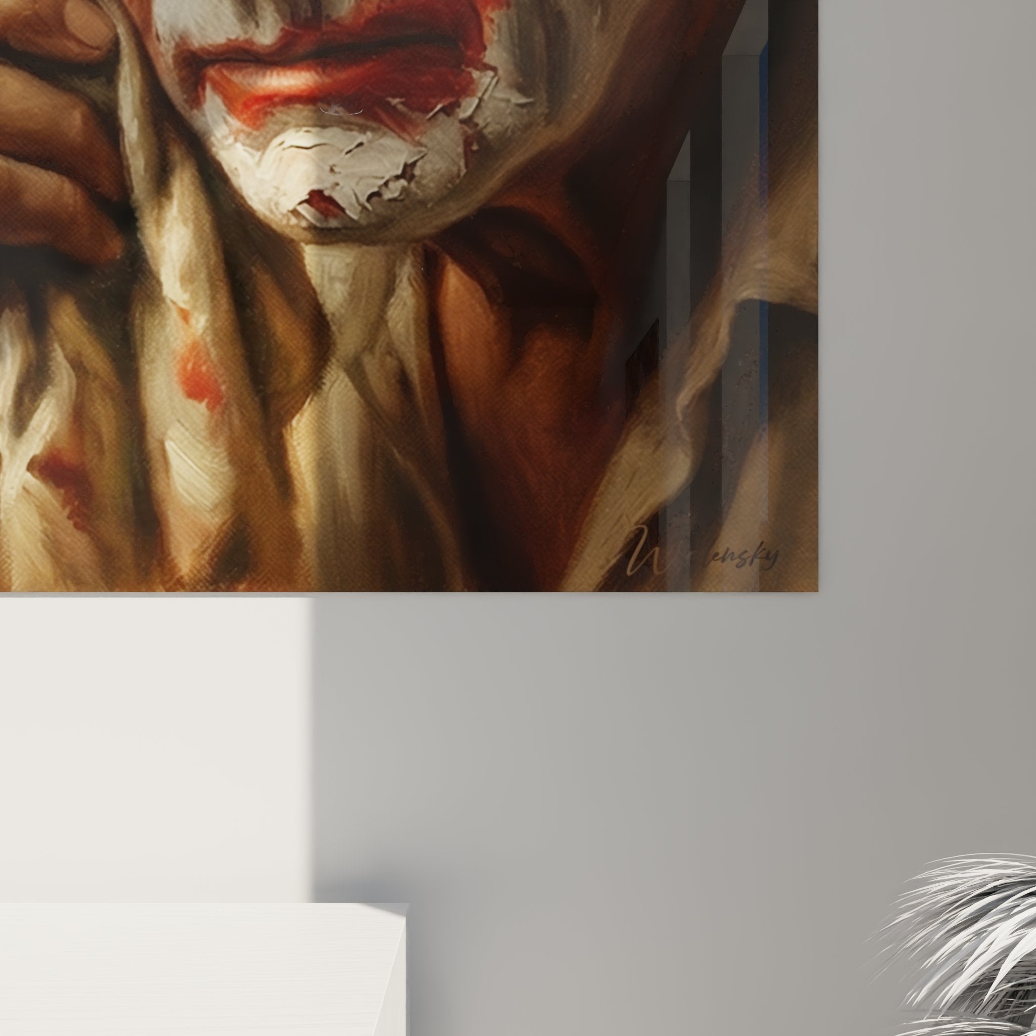 Panoramica del quadro clown in un interno contemporaneo, opera d'arte circo formato quadrato