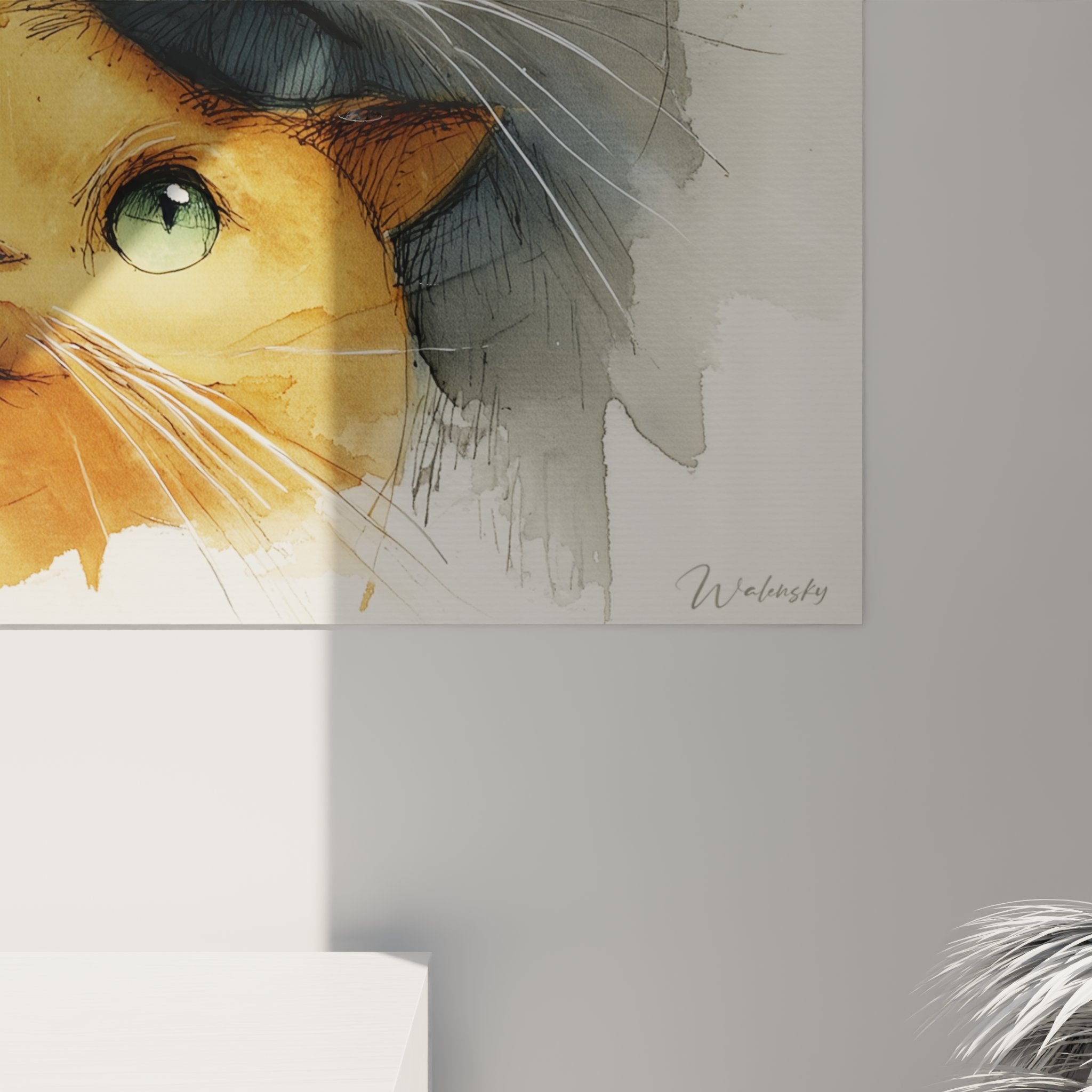 Gesamtansicht Wandgemälde drei Katzen Aquarell - dekorative Kunst modernes Wohnzimmer zeitgenössischer Stil