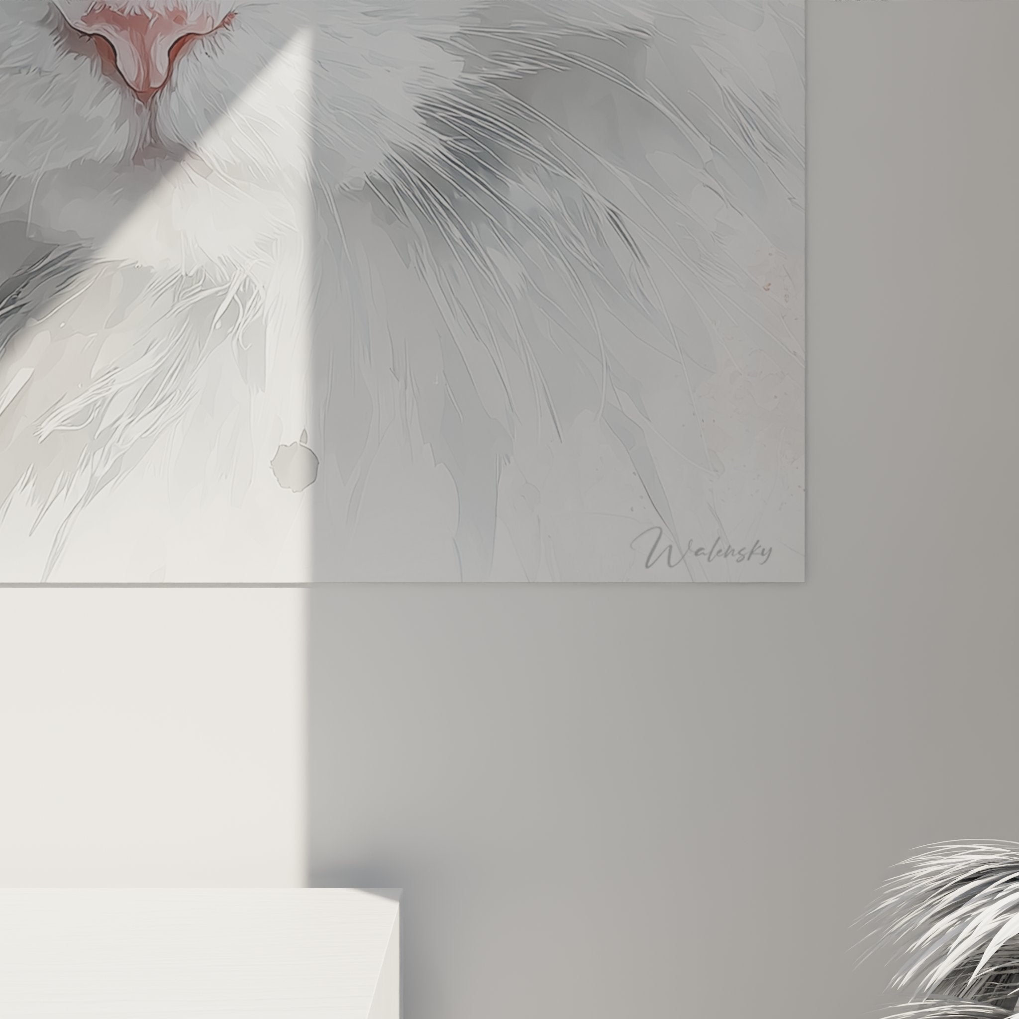 Panoramica quadro Turkish Angora bianco, opera d'arte animalier moderna decorazione interni