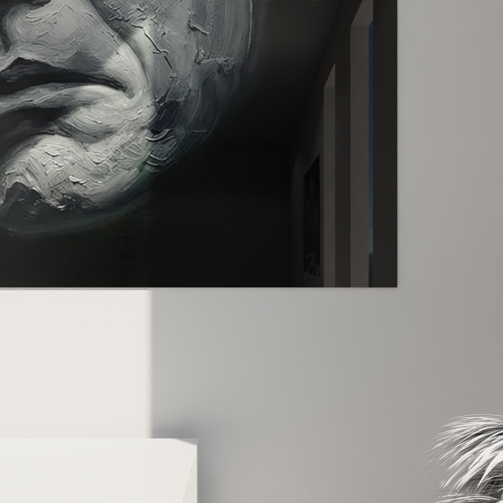 Vista d'insieme quadro ritratto clown triste decorazione murale salotto, arte circo bianco nero stile contemporaneo