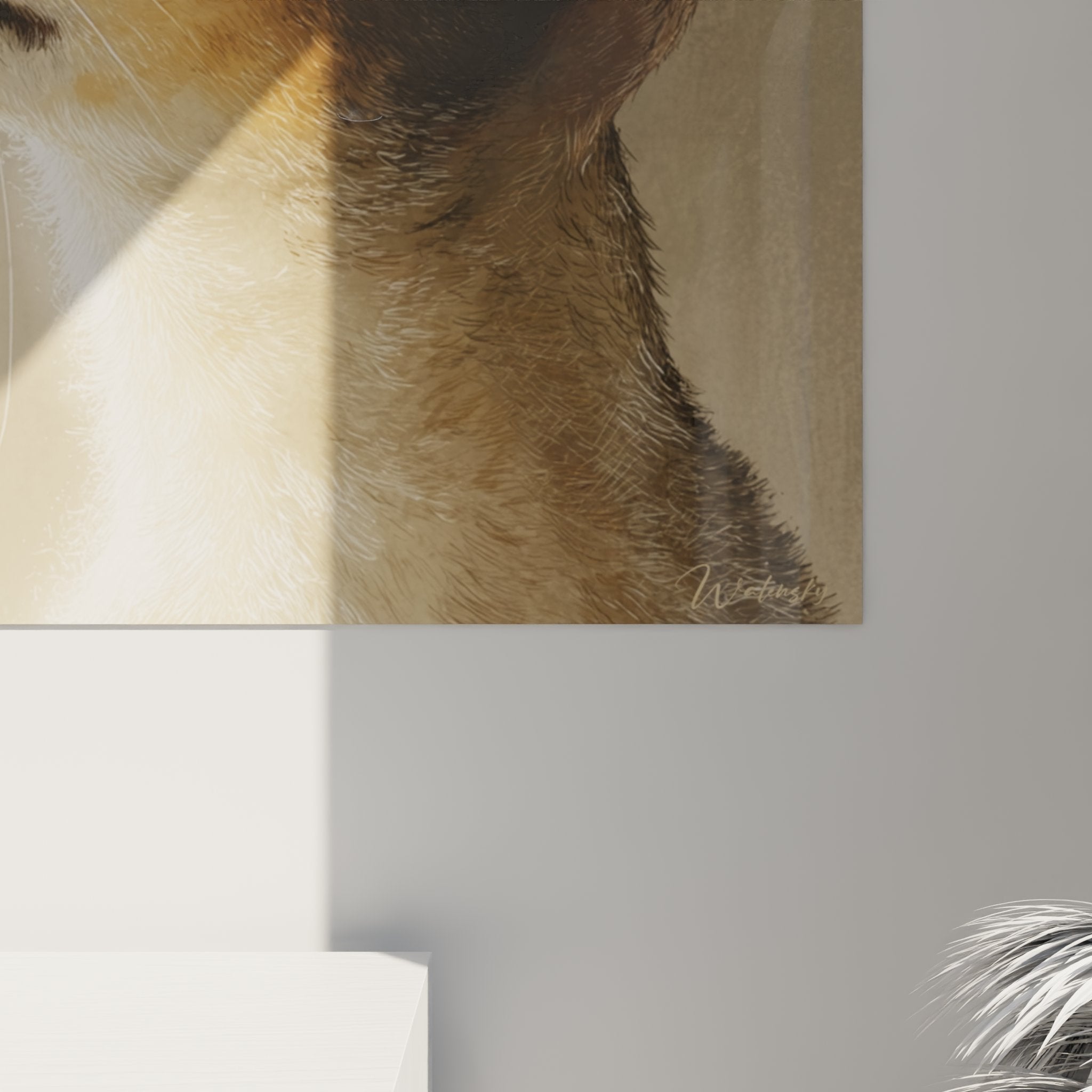 Overview of Singapura cat artwork in contemporary interior, decorative highlight