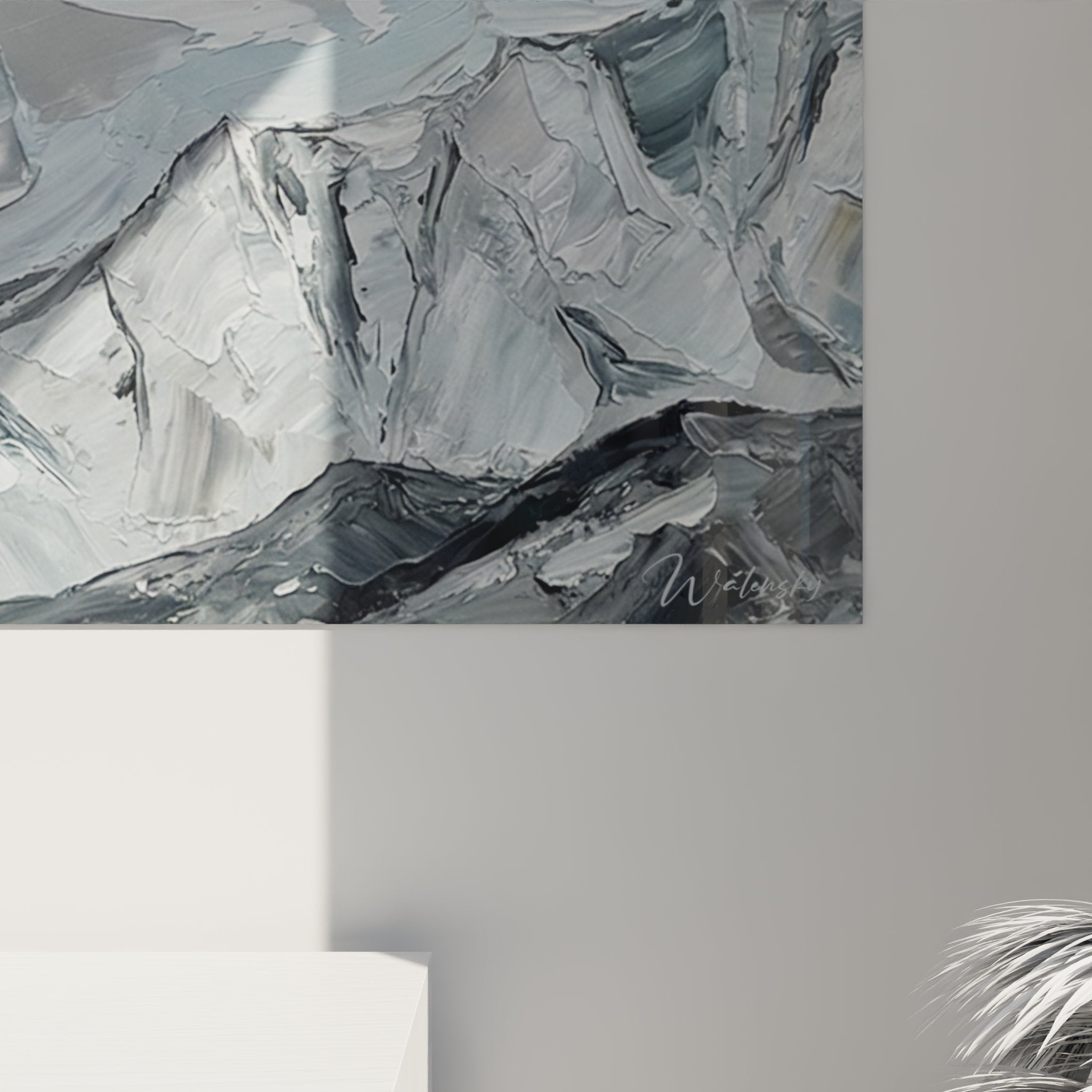 Vista d'insieme quadro paesaggio montano, composizione dinamica picchi innevati stile moderno