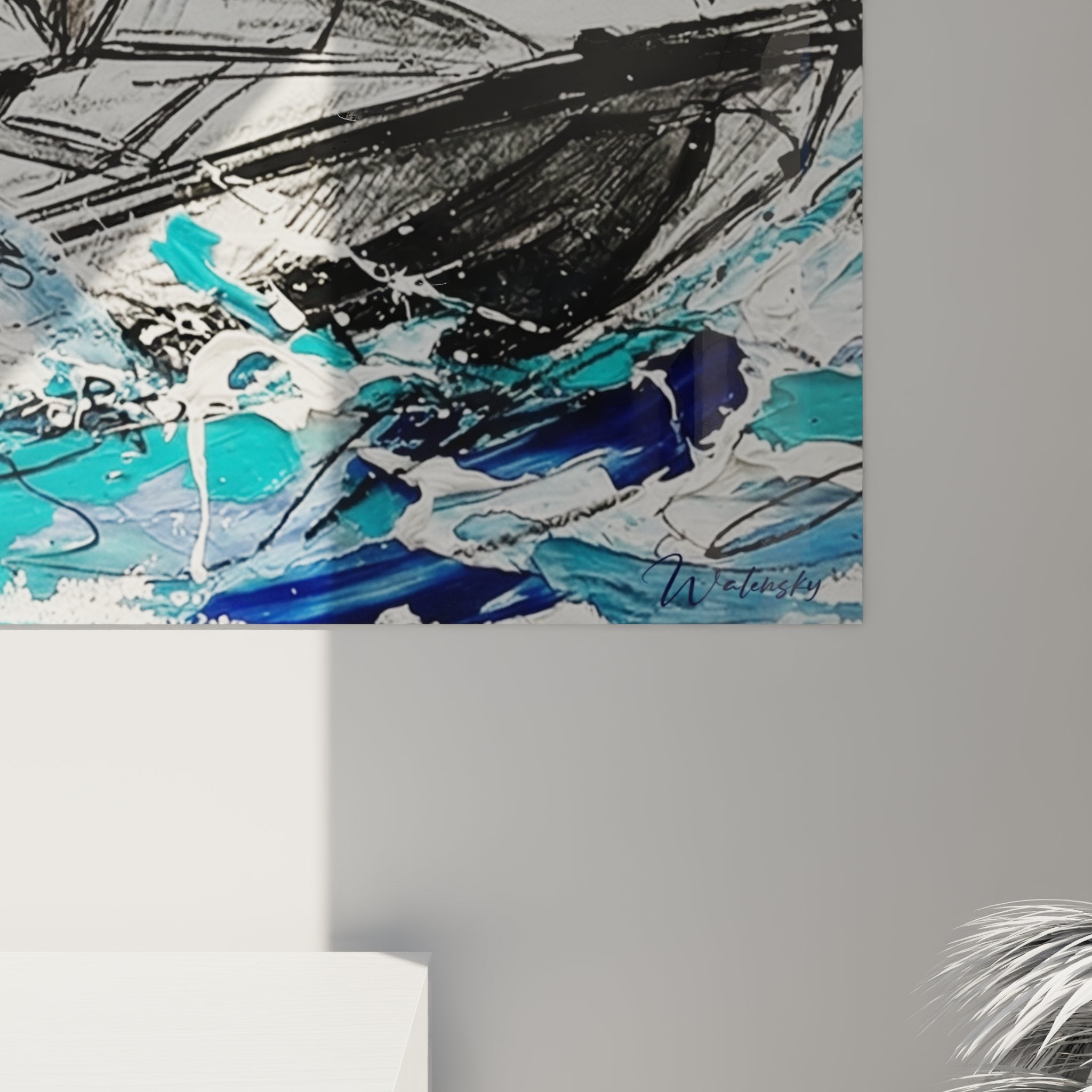 Vue d'ensemble du tableau jetski liberté dans salon contemporain avec décoration nautique