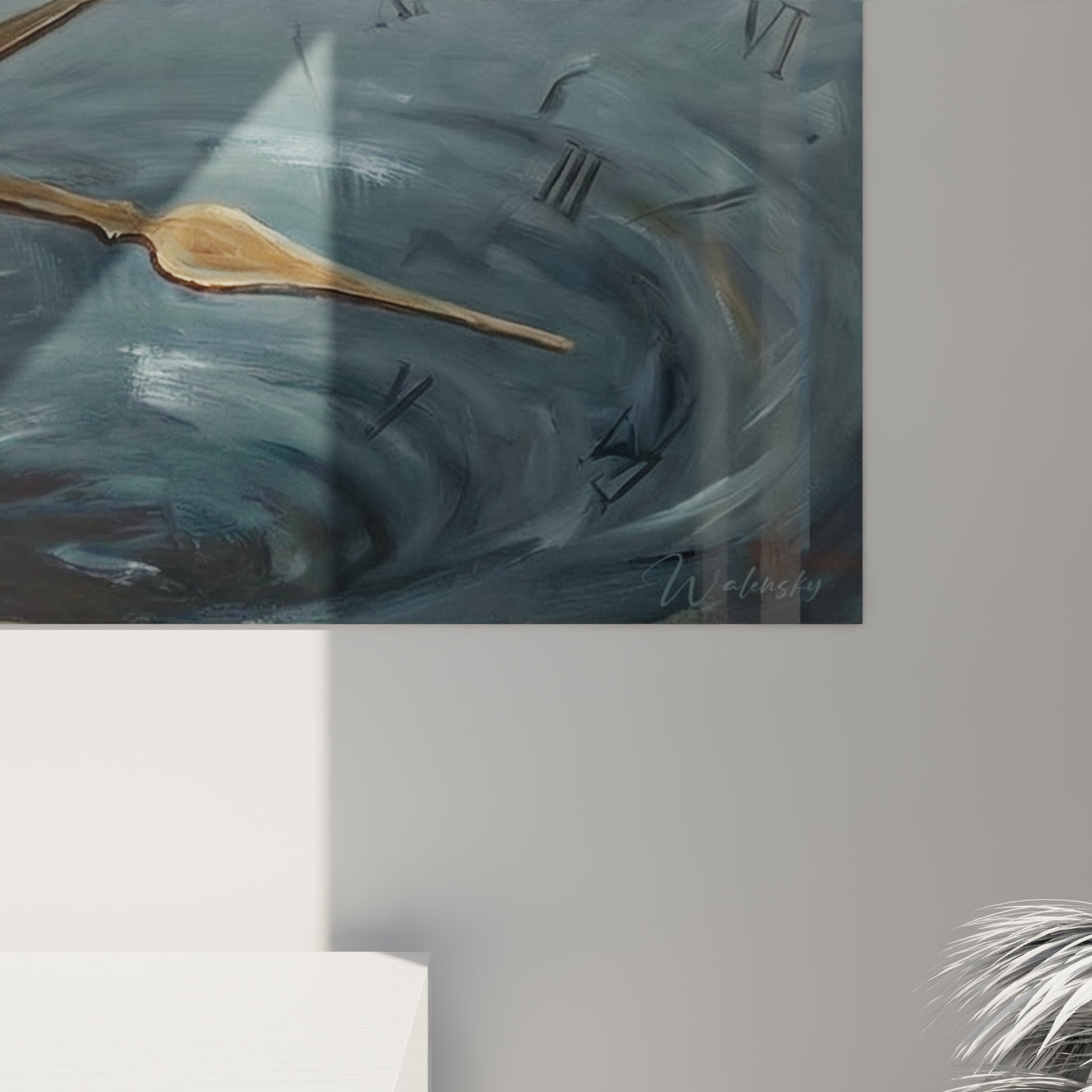 Overall view of circular temporal unicyclist circus wall art in contemporary living room with ambient lighting