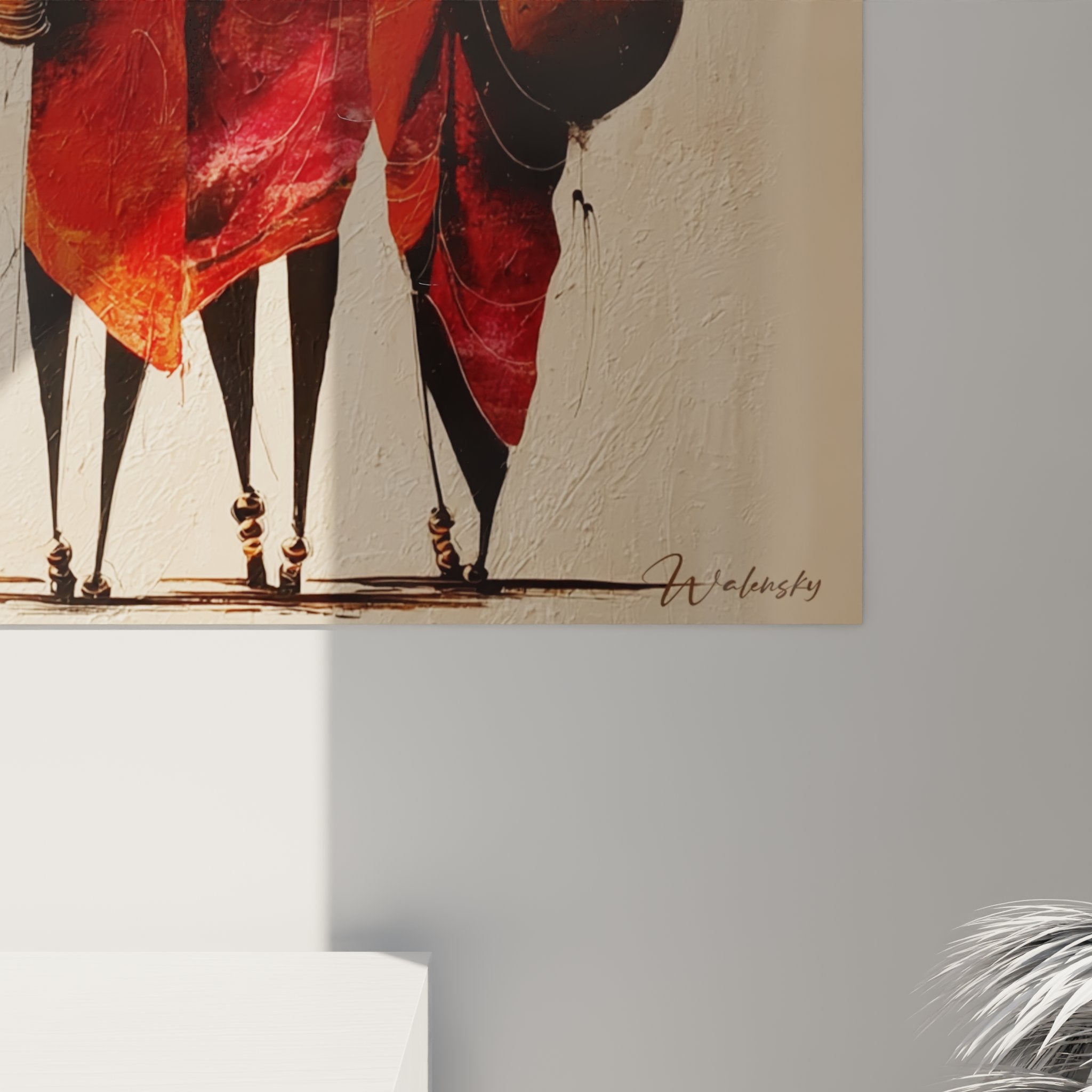 Vista complessiva quadro cultura Maasai appeso parete soggiorno decorazione etnica africana contemporanea rosso