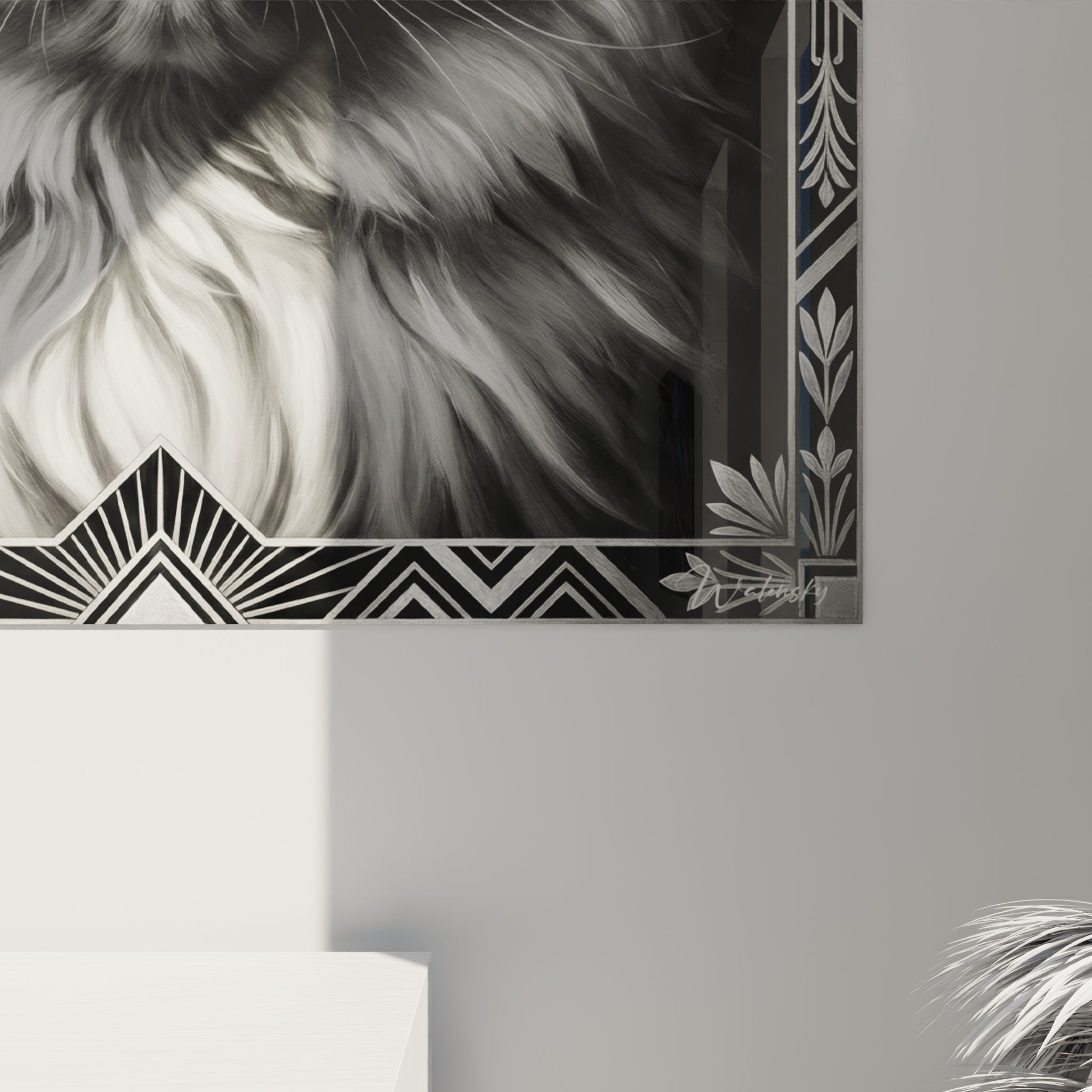 Übersicht Wandgemälde Katze Himalayan Vintage-Stil mit sophisticiertem dekorativem Rahmen