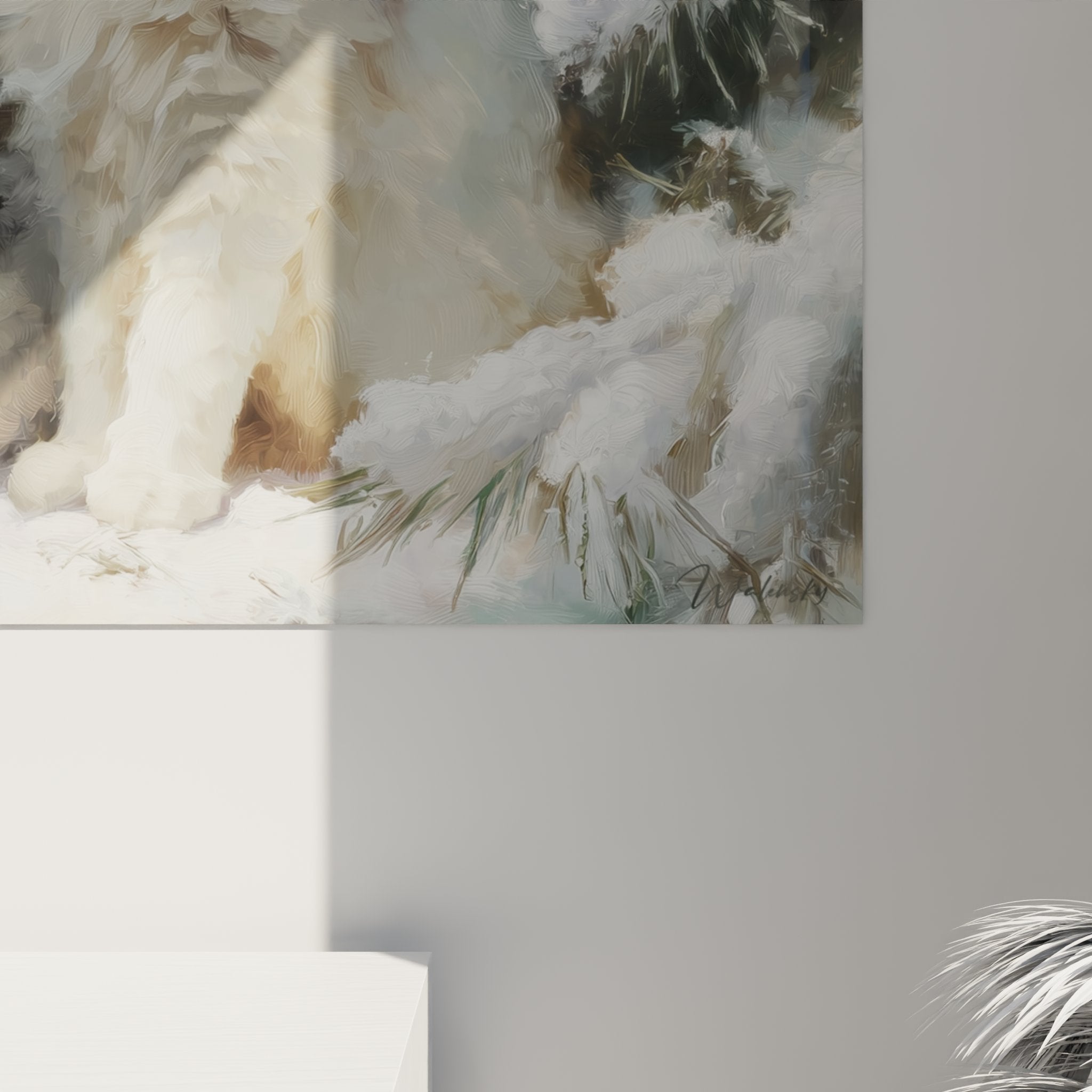 Übersicht Wandbild Turkish Angora Schnee, Abmessungen und Farbwiedergabe in modernem Interieur
