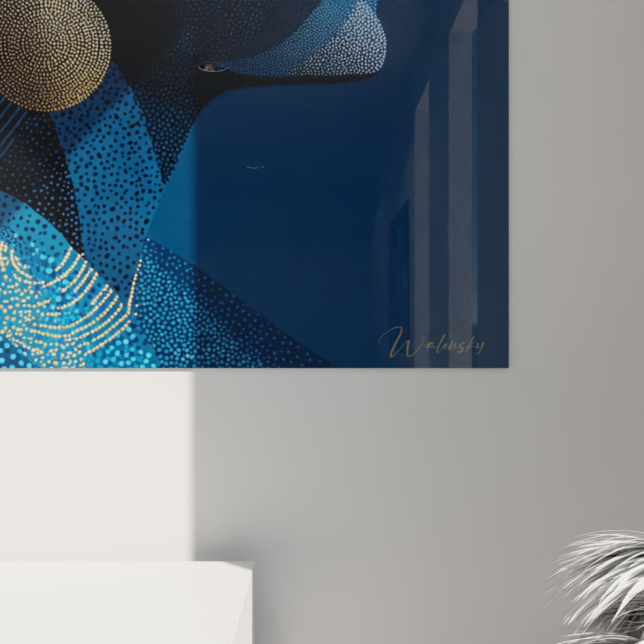 Vista d'insieme quadro ritratto donna africana blu geometrico decorazione soggiorno moderno arte murale contemporanea etnica