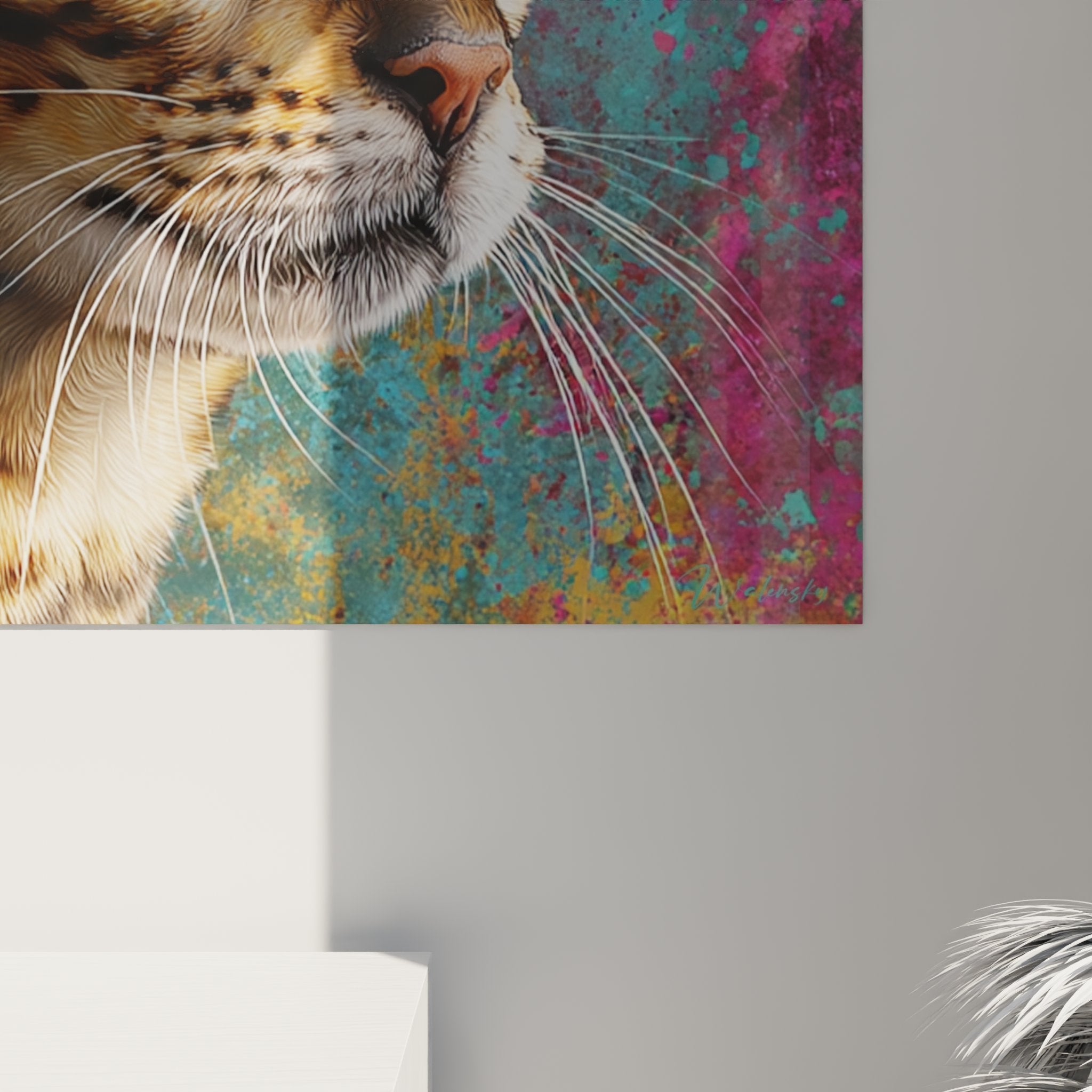 Overview of the Bengal cat portrait wall art in a contemporary interior setting