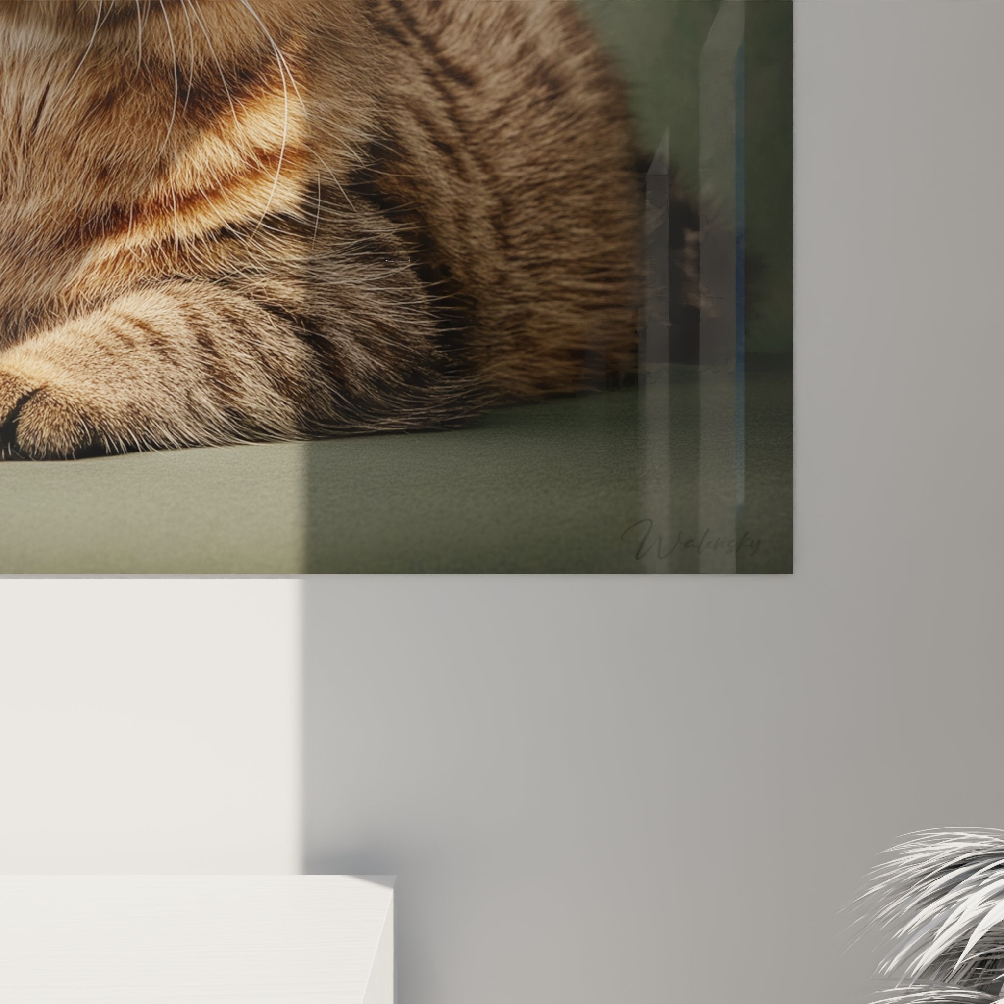 Vue ensemble tableau mural chat American Bobtail dans salon contemporain decoration feline