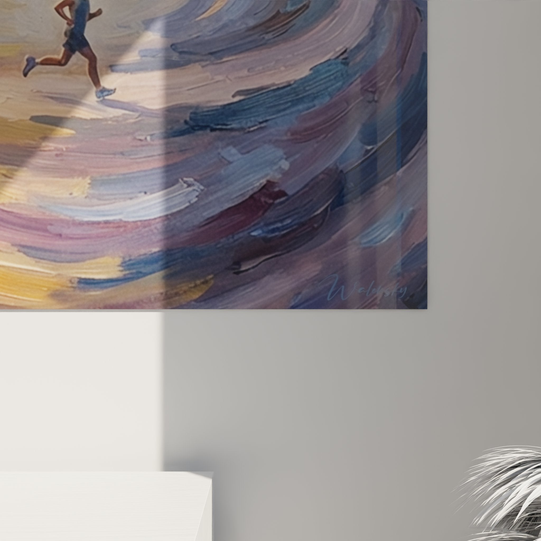 Overview of spiral runner wall art, dynamic composition with contrasting warm and cool tones