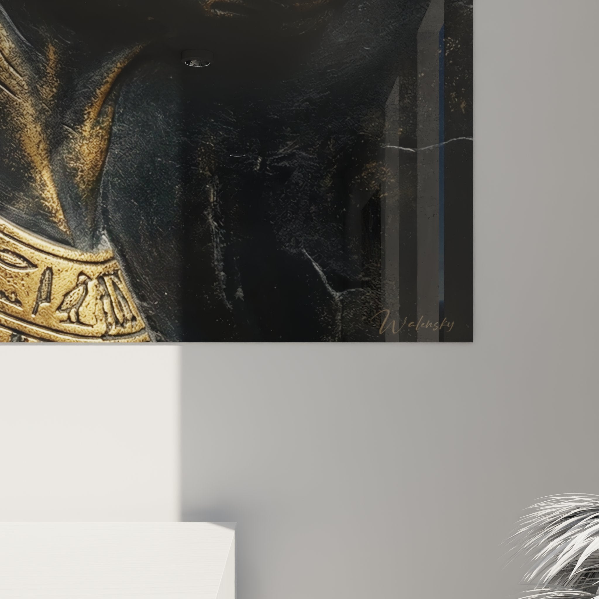 Vista d'insieme quadro murale gatto egiziano Bastet bronzo dorato decorazione d'interni edizione gatto Cornish Rex