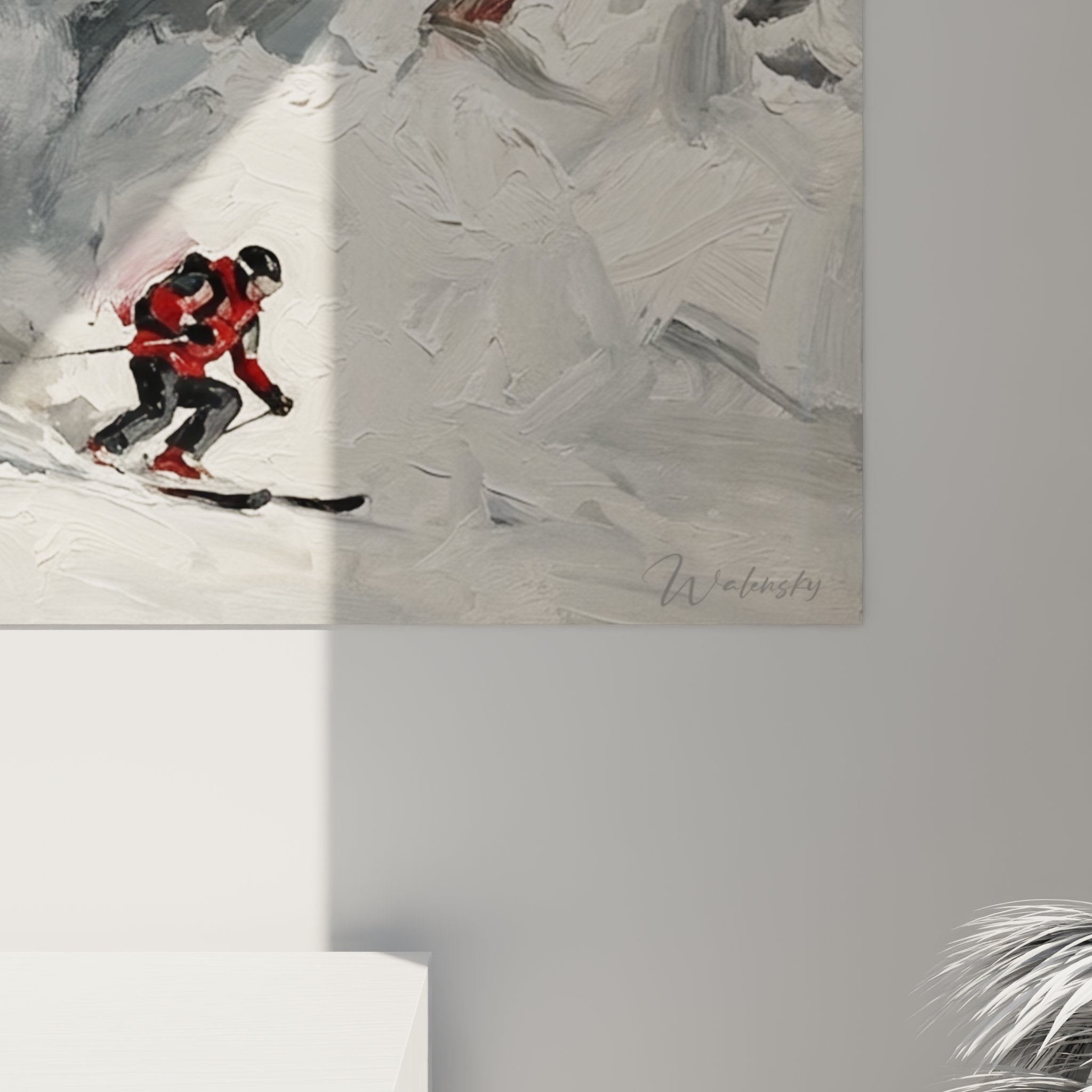 Vue ensemble tableau skieur rouge dans salon, décoration murale thème ski et montagne
