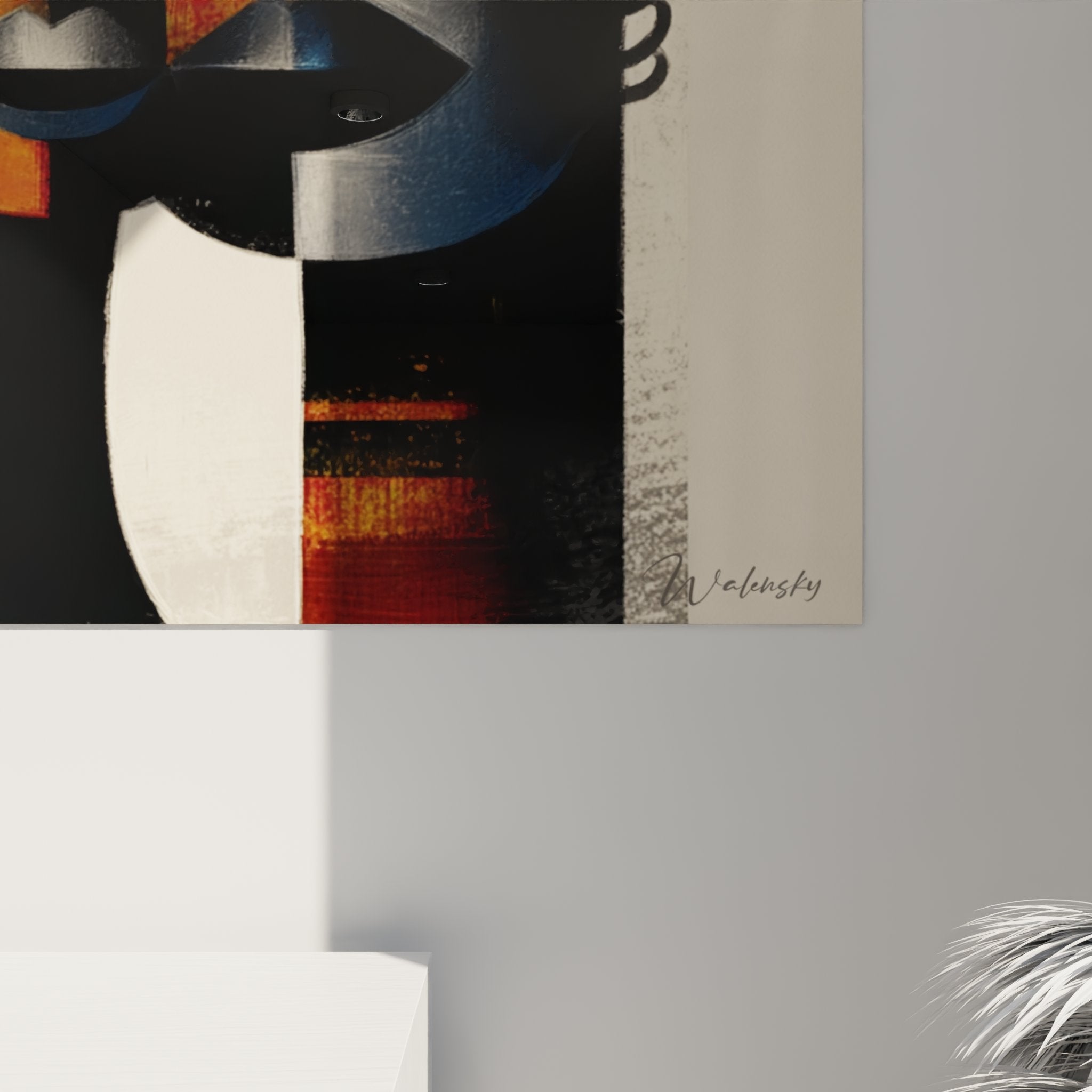 Overall view African masks artwork tribal duality wall decoration contemporary ethnic art