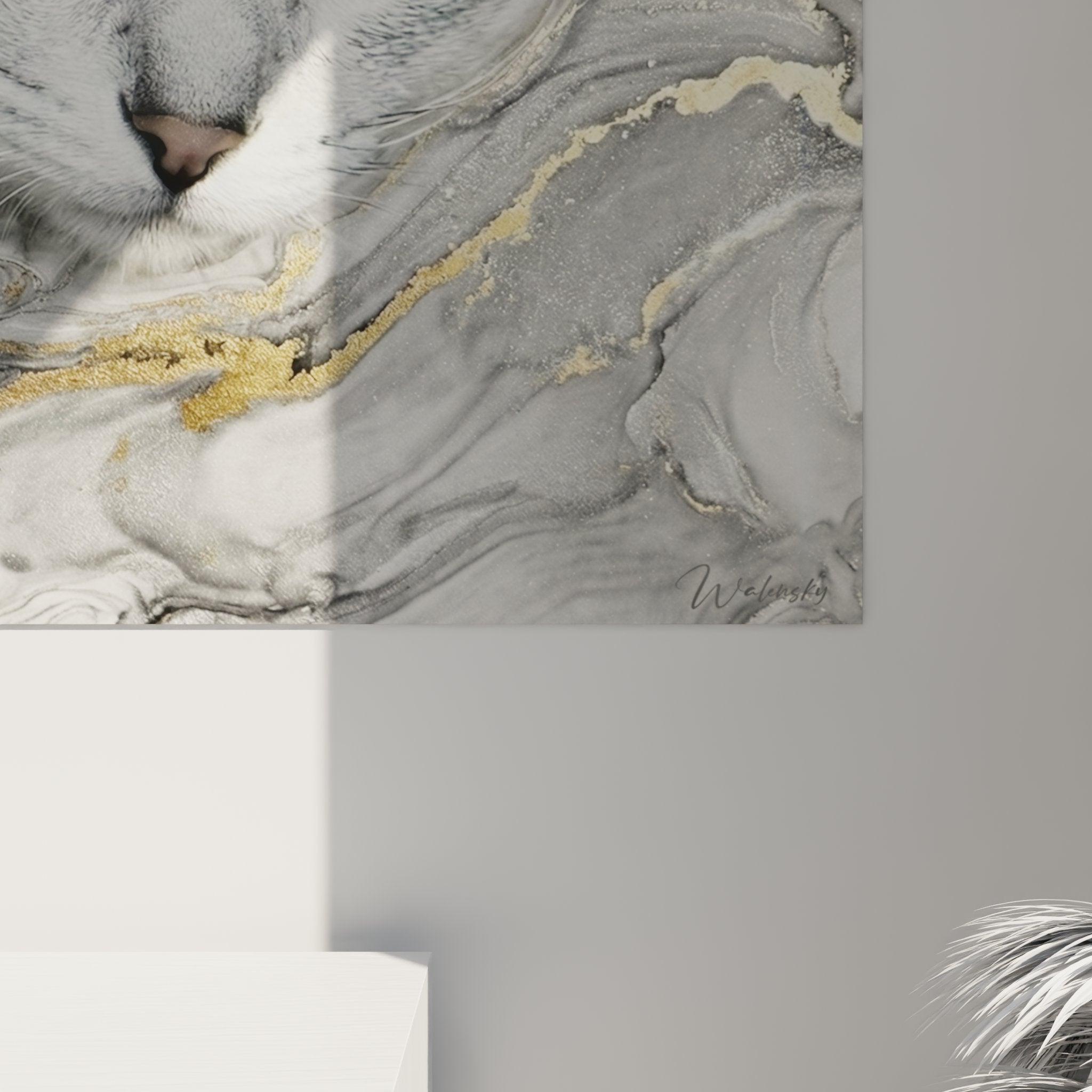 Gesamtansicht Katzenbild mit grünen Augen, luxuriöser Marmoreffekt, prämienhafte Felinen-Dekoratkunst