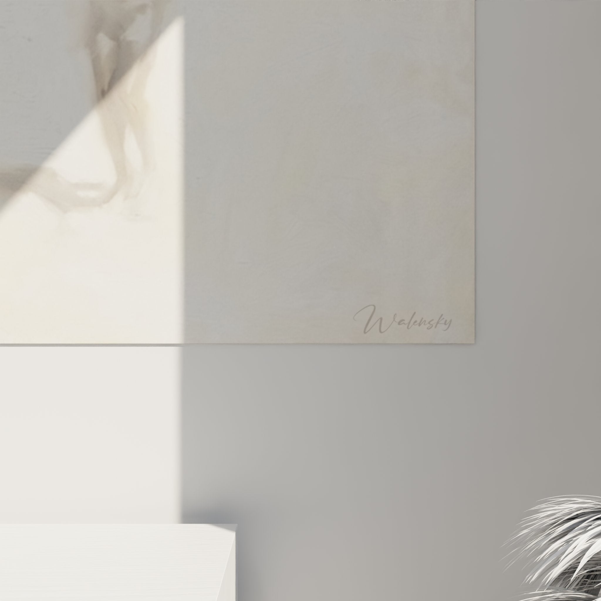 Overview of the square artwork graceful figure in a contemporary interior with neutral and warm tones