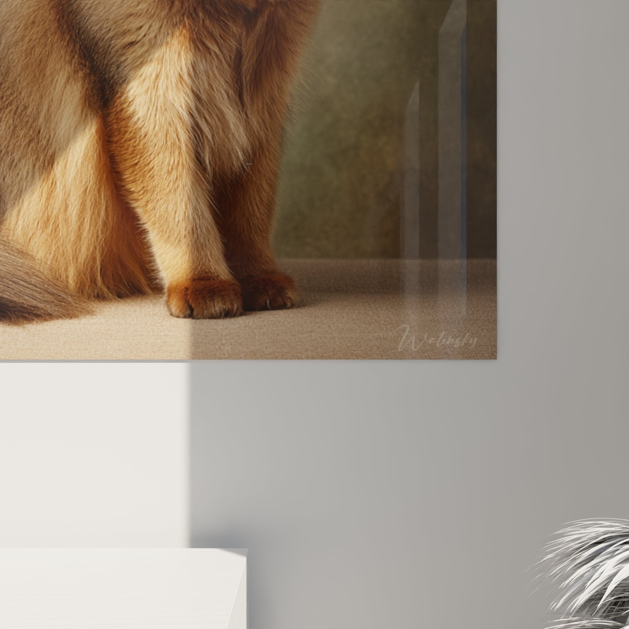 Vue d'ensemble du tableau chat Somali roux dans intérieur contemporain, décoration murale féline