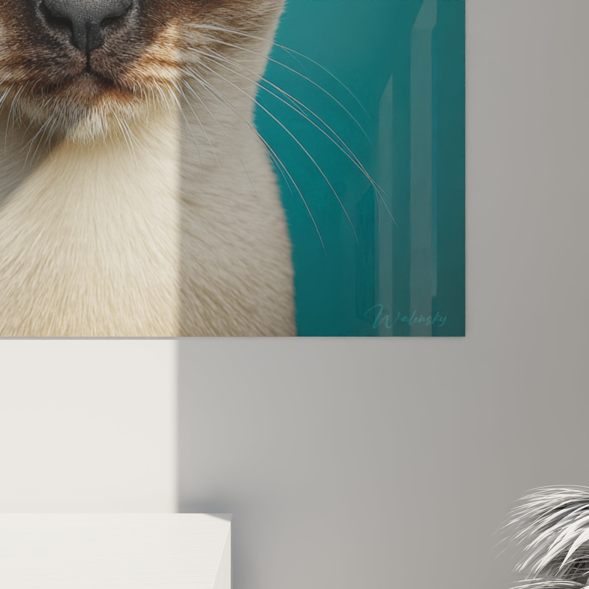 Vista d'insieme quadro murale gatto Tonkinese moderno, arte contemporanea felina decorazione interiore turchese