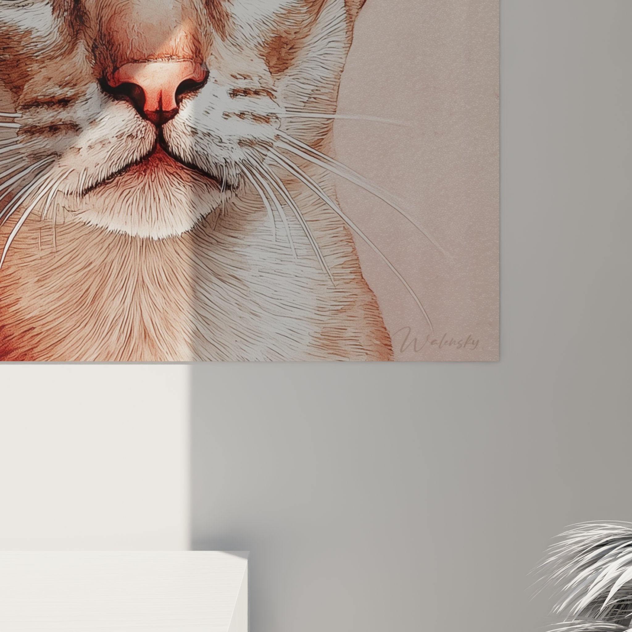 Vue d'ensemble tableau chat Singapura portrait artistique décoration murale élégante tons roses