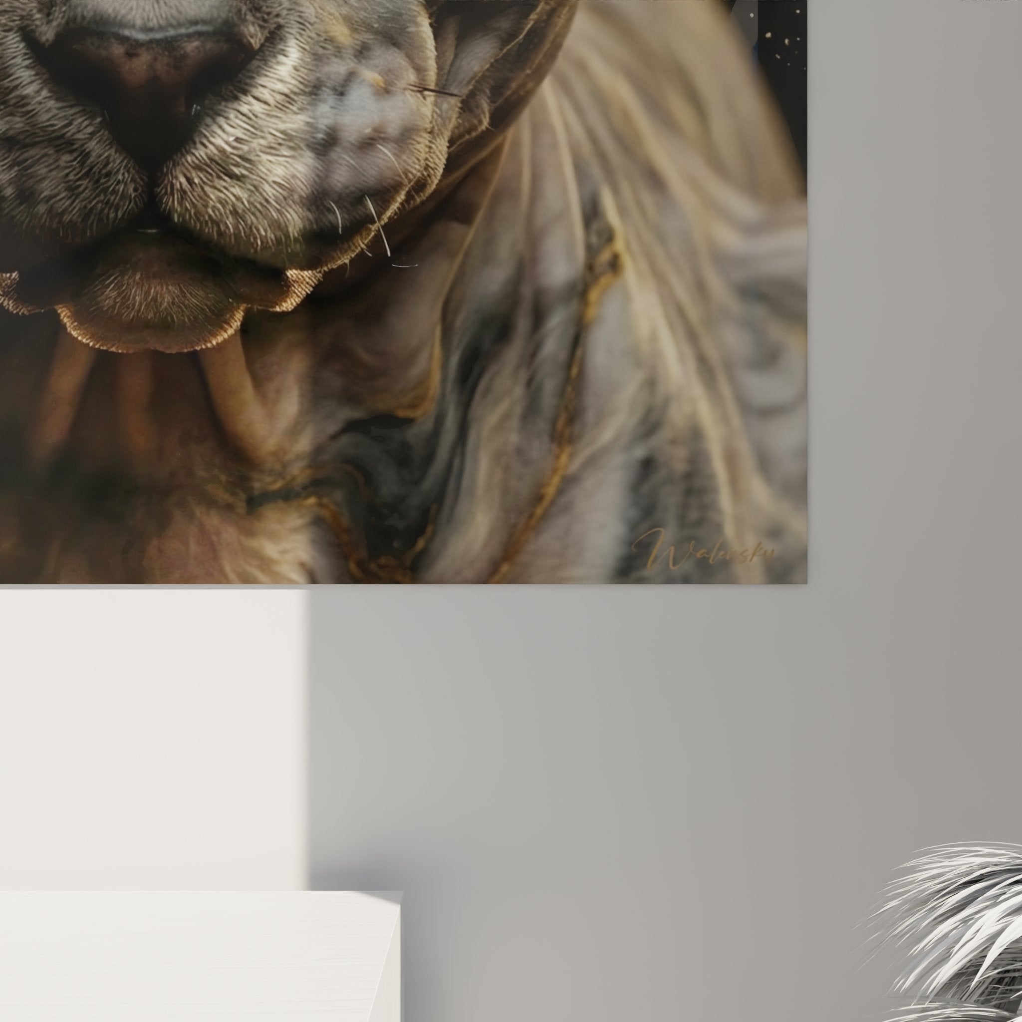 Vista generale quadro murale gatto Peterbald - decorazione salotto moderno con arte felina sofisticata