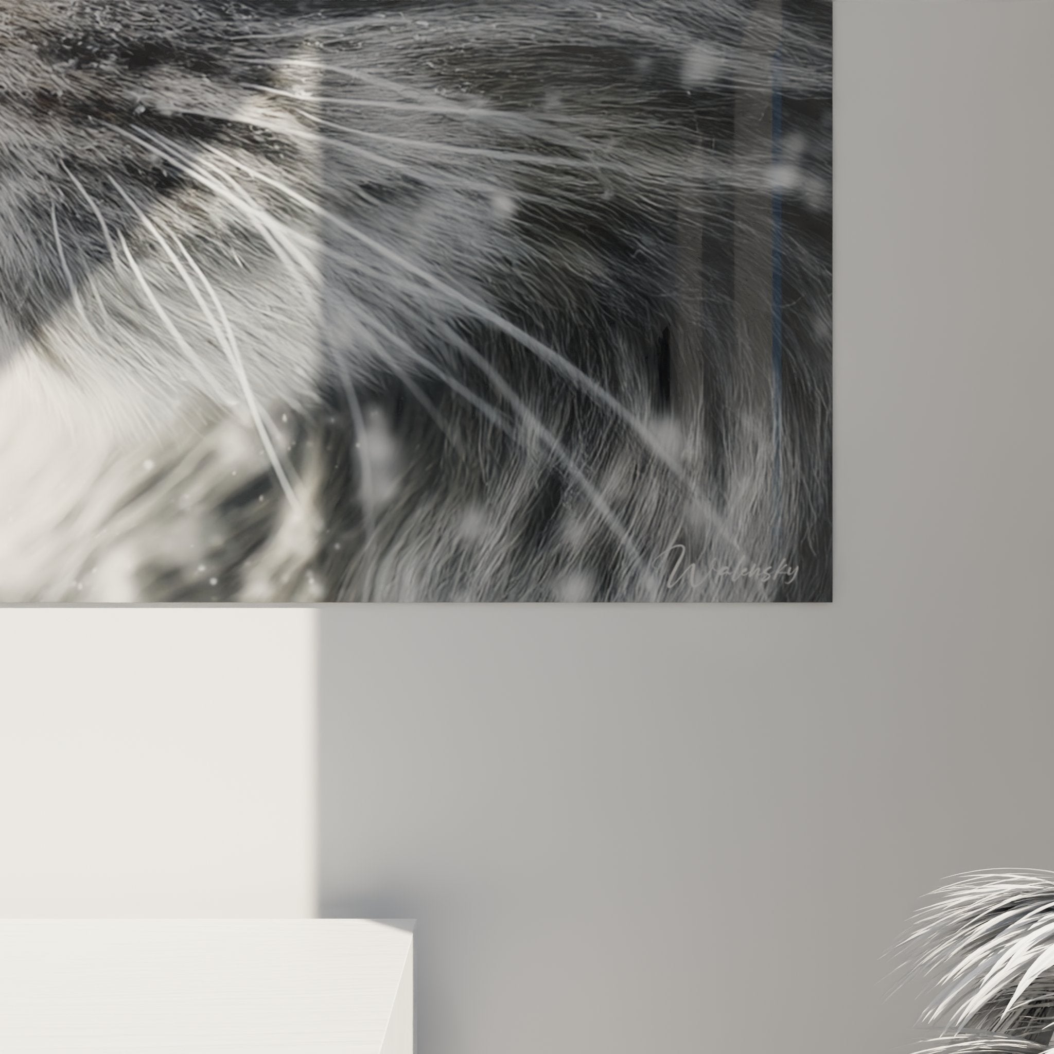 Gesamtansicht Katzenbild American Bobtail Winter mit grünen Augen, Wandkunstwerk zur Innenausstattung