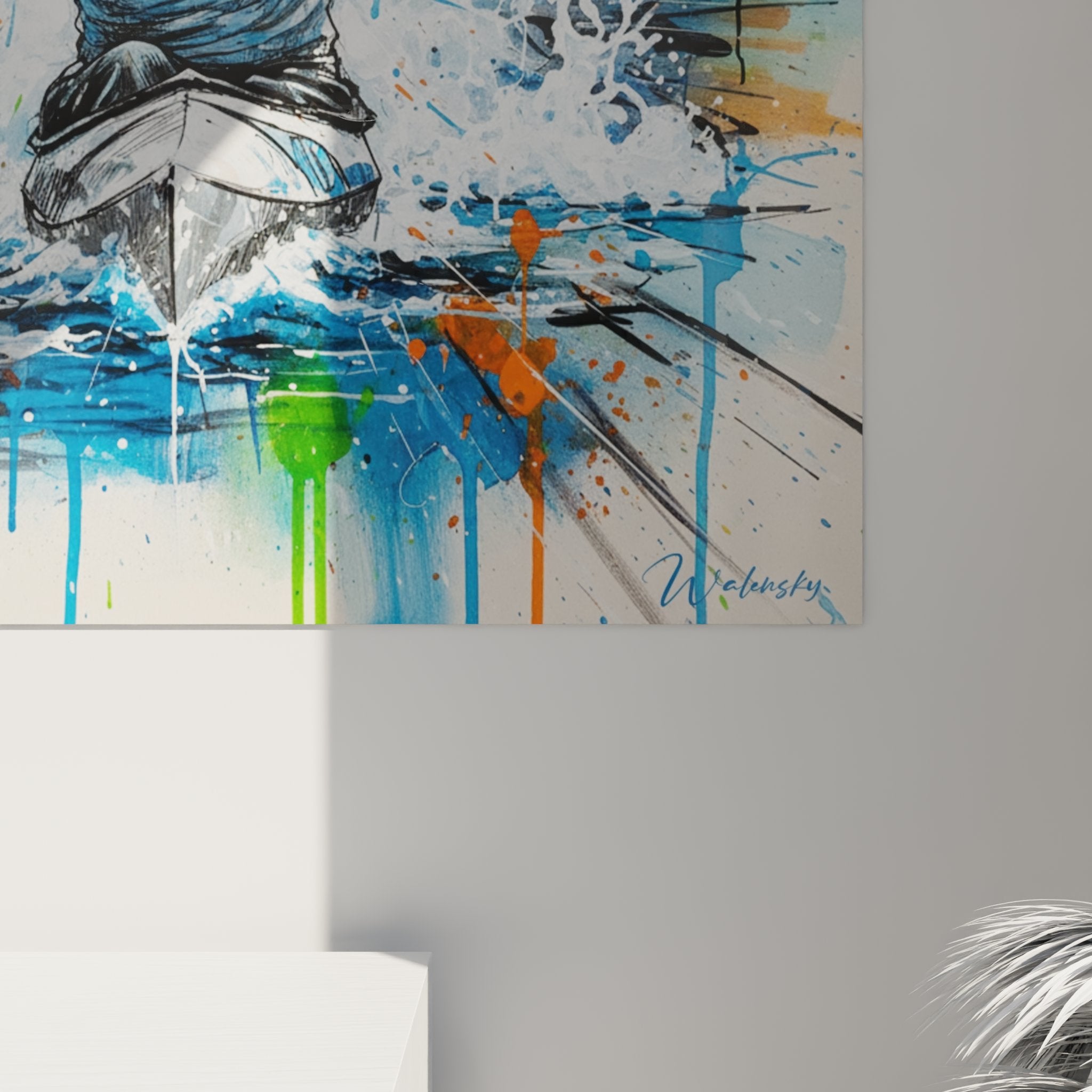Vista d'insieme quadro murale kayakista decorazione interno moderno arte contemporanea sport