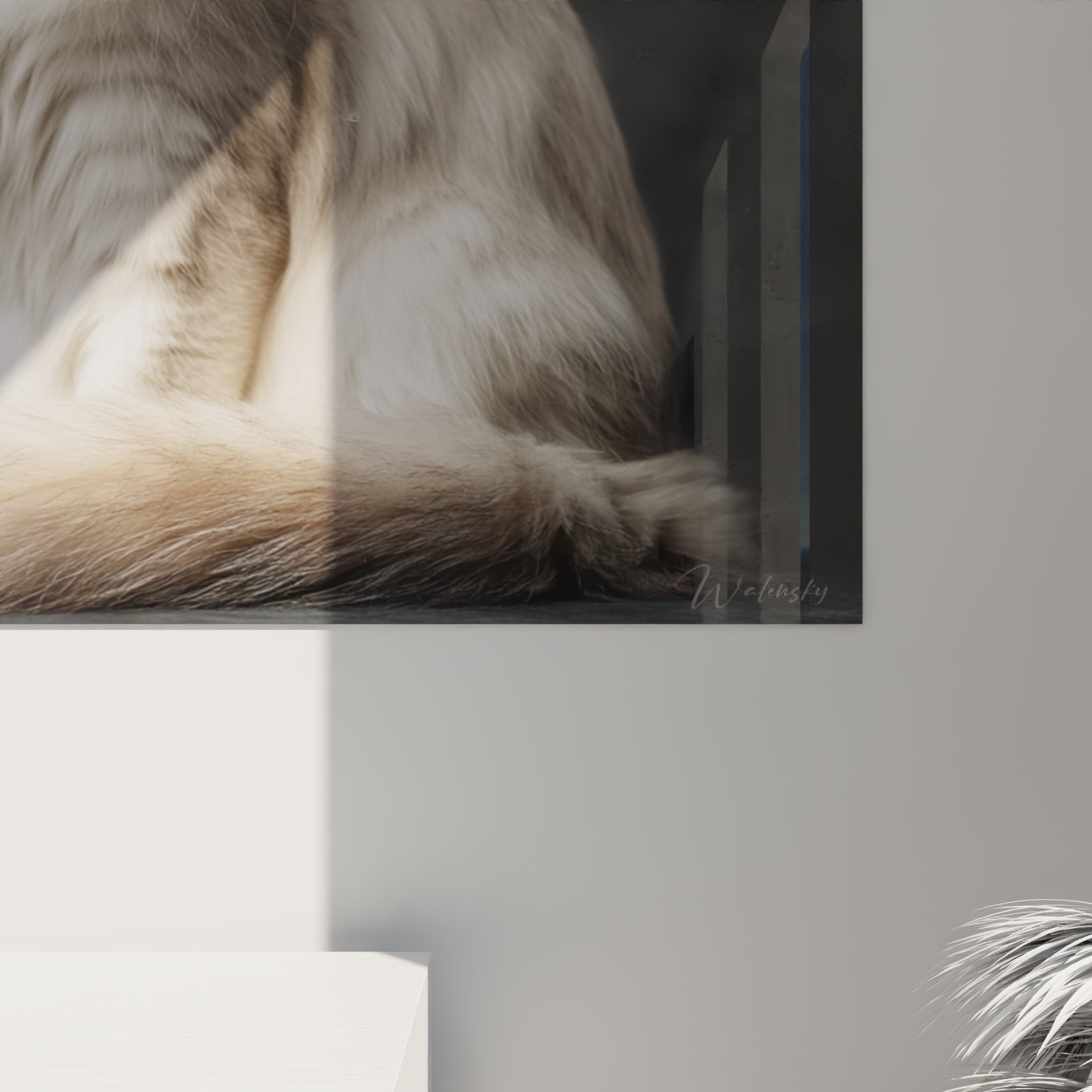 Overall view of decorative white Turkish Angora cat canvas contemporary feline art wall decor