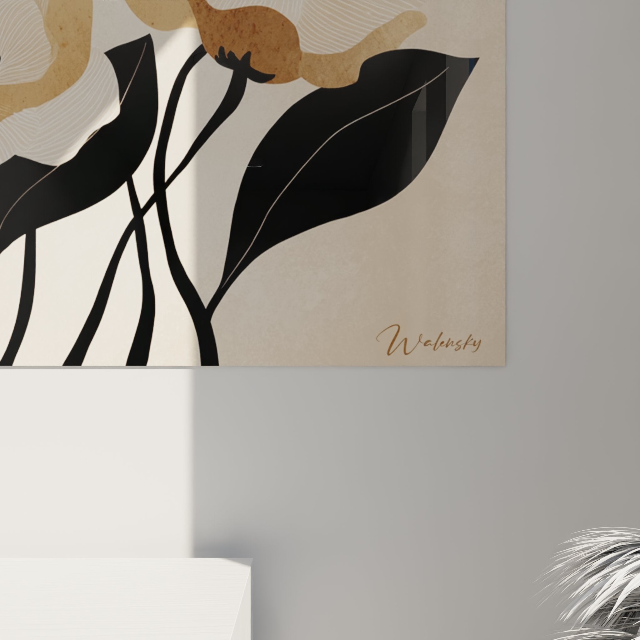 Vista d'insieme quadro art déco fiori stilizzati, composizione completa fogliame nero steli curvi