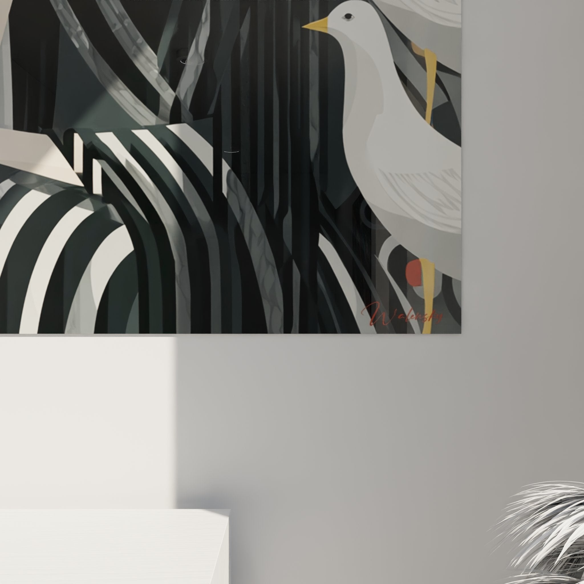Overview wall art deco painting woman in striped kimono surrounded by four white doves