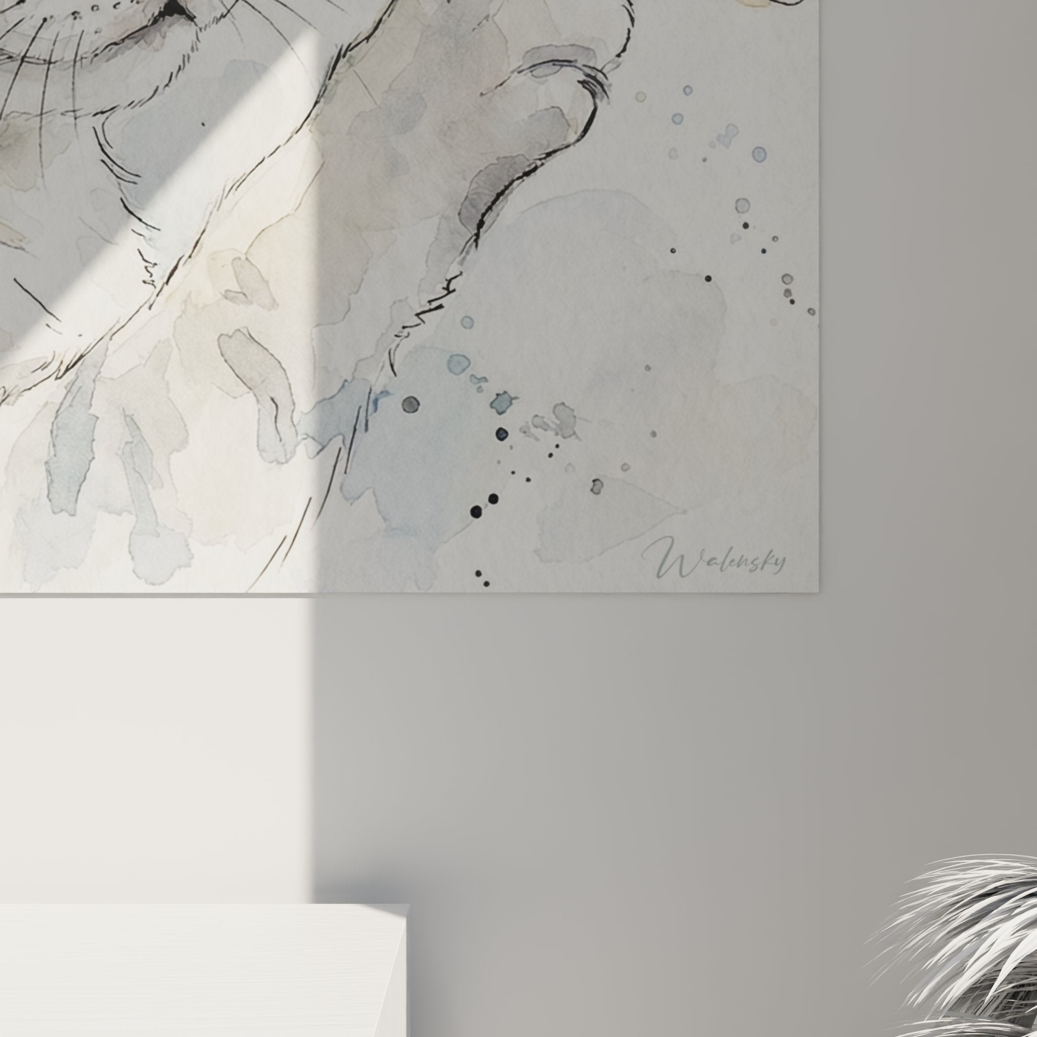 Übersicht des Aquarell-Katzen-Wandbildes in modernem Interieur, zeitgenössische Katzenkunst
