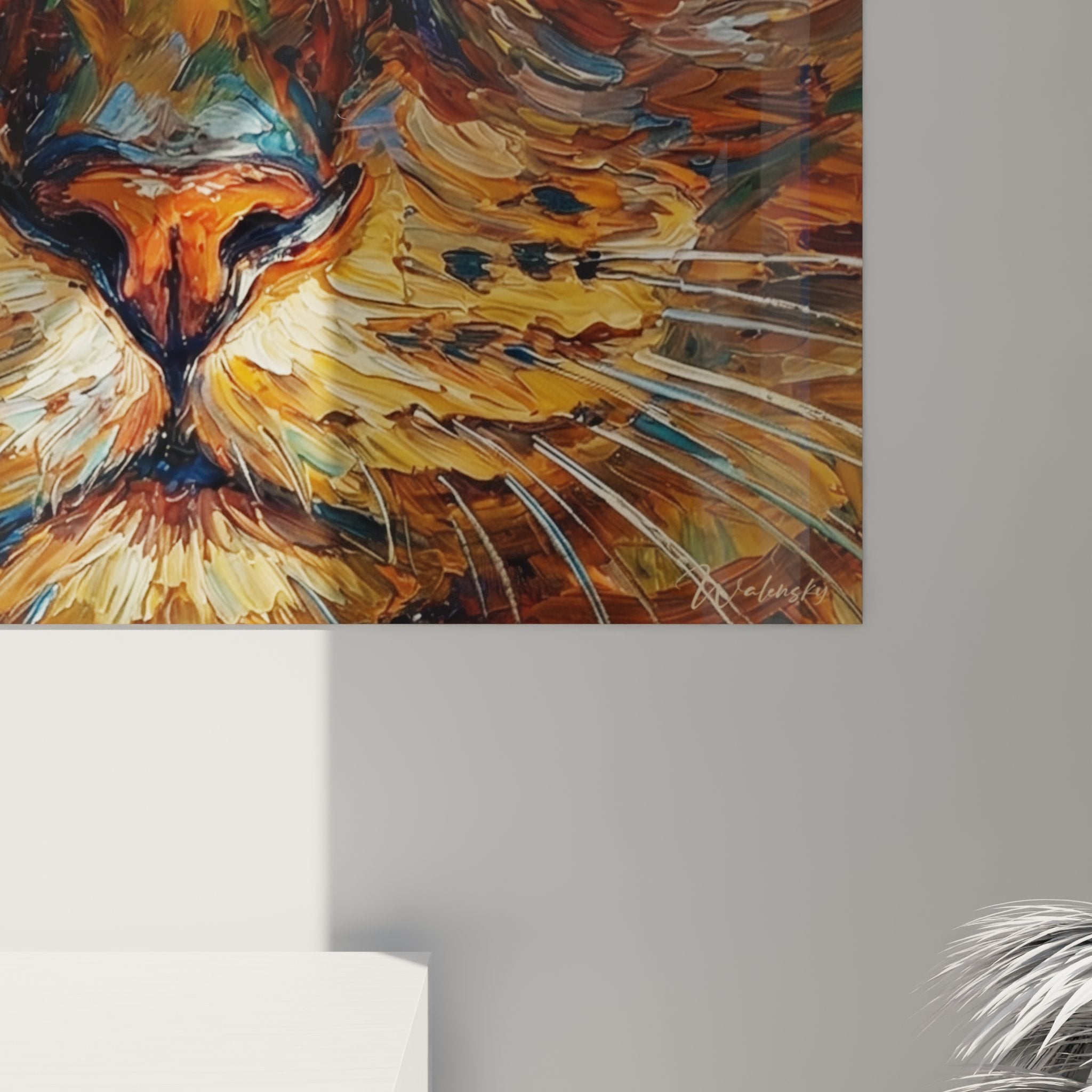 Vue ensemble tableau mural chat Burmese expressionniste, peinture colorée yeux dorés décoration